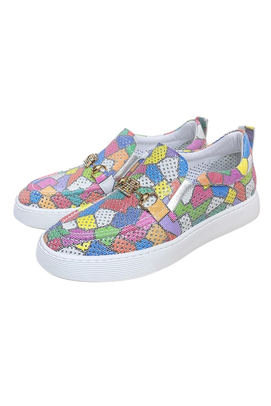 Renkli Hakiki Deri Taşlı Toka Detaylı Ultra Hafif Sneaker