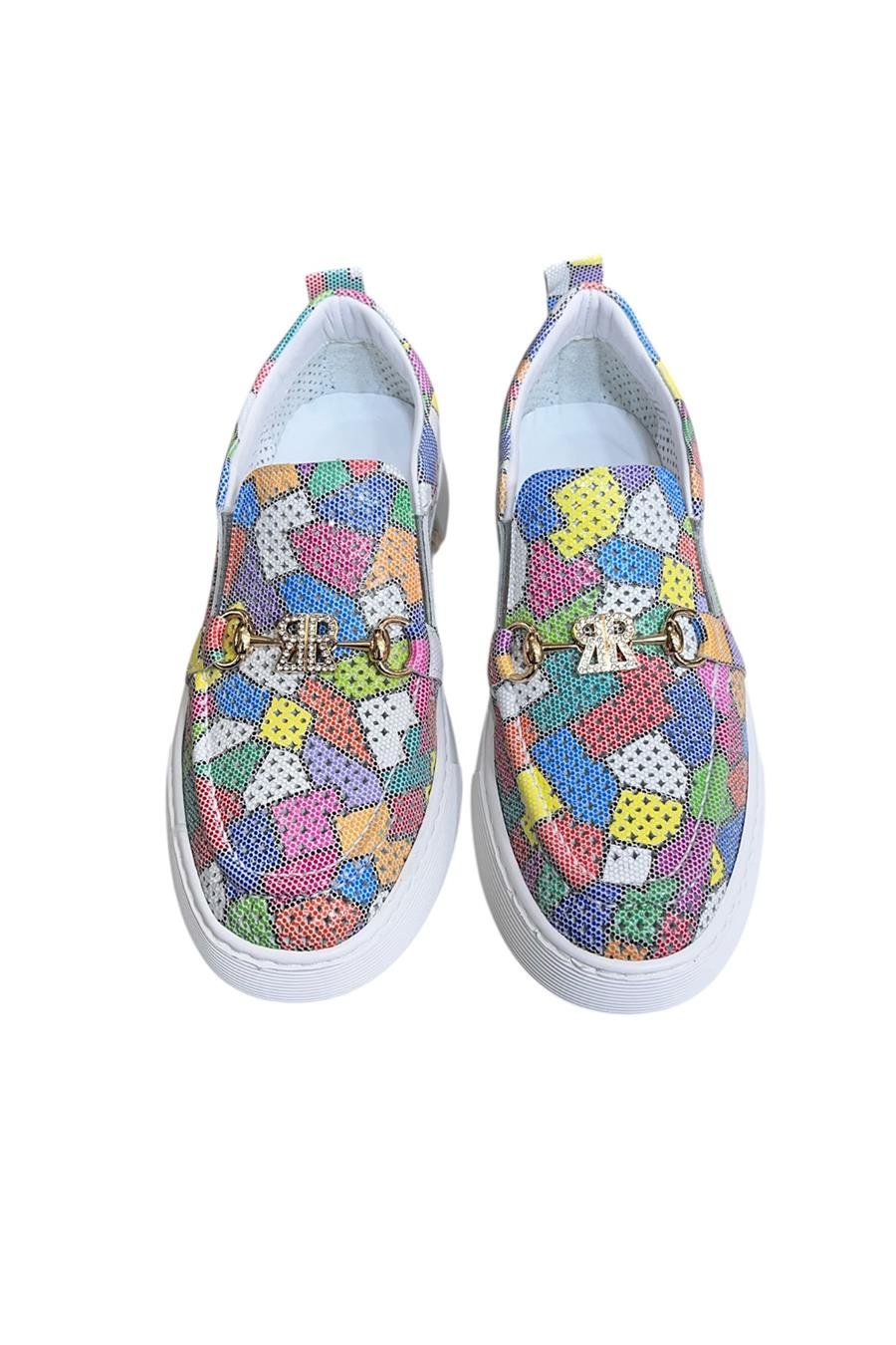 Renkli Hakiki Deri Taşlı Toka Detaylı Ultra Hafif Sneaker