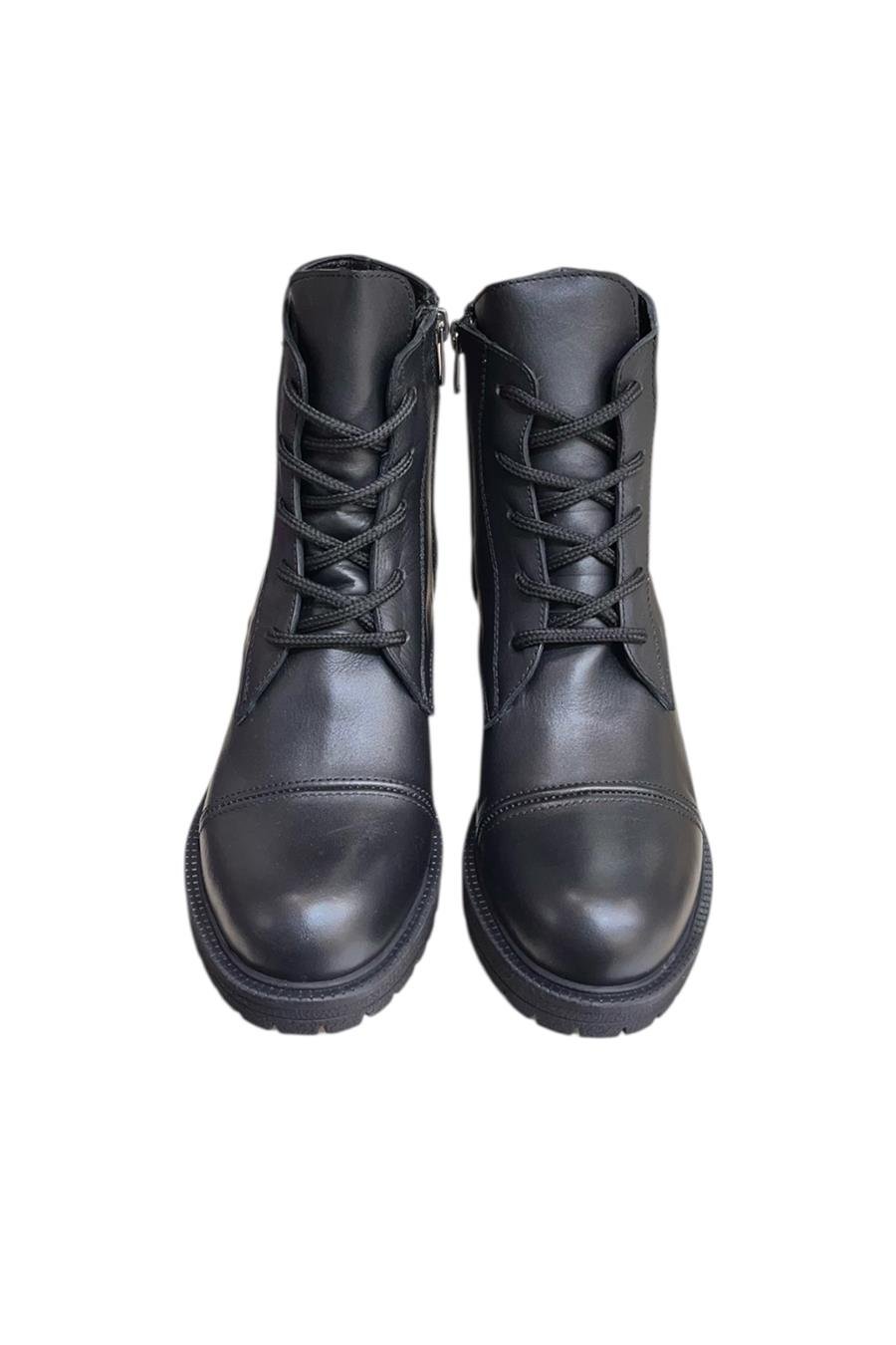 Siyah Hakiki Deri Bağcık Detay  Yandan Fermuarlı Kalın Topuk Bot