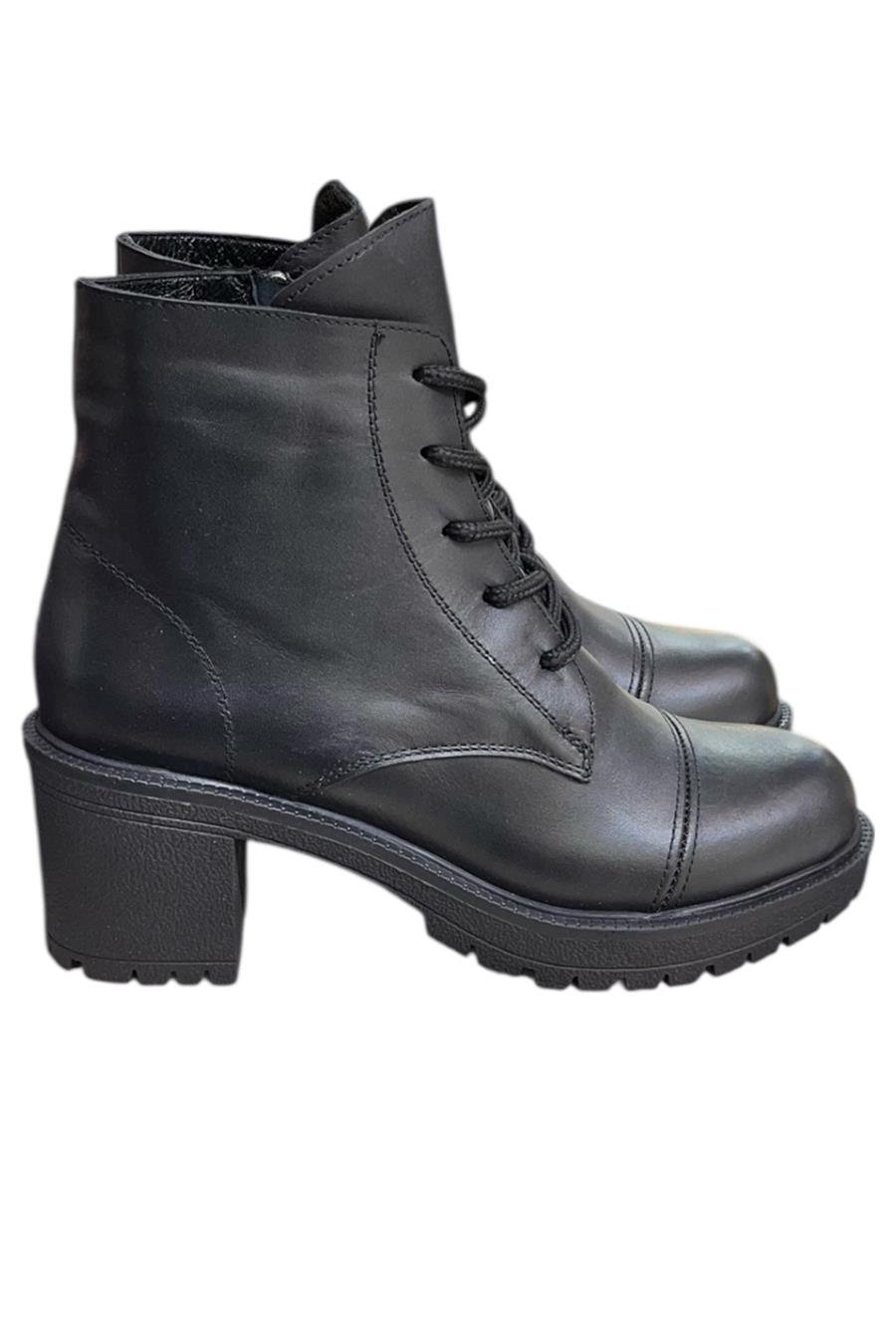Siyah Hakiki Deri Bağcık Detay  Yandan Fermuarlı Kalın Topuk Bot