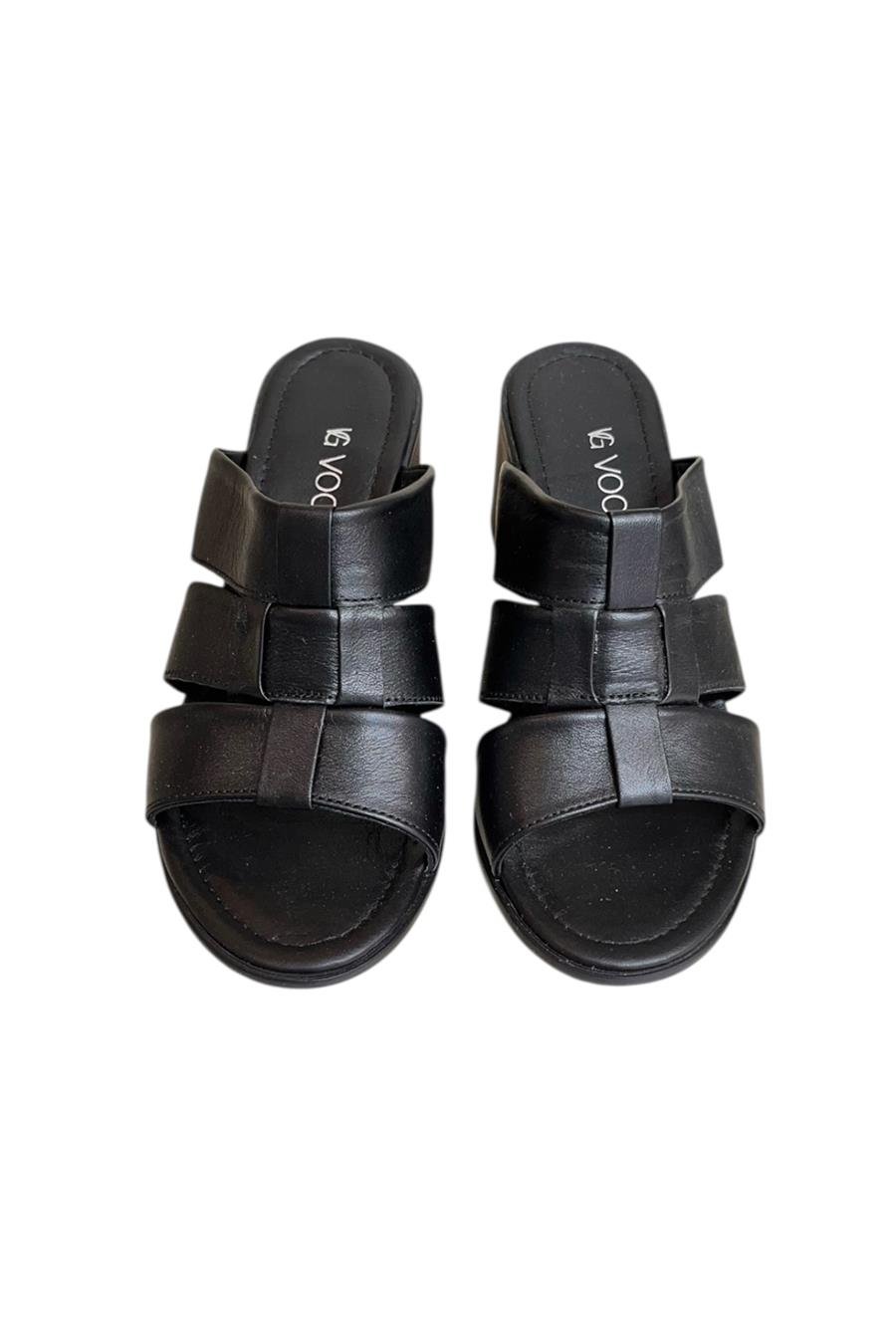 Siyah Hakiki Deri Bant Detaylı Topuklu Comfort Taban Terlik