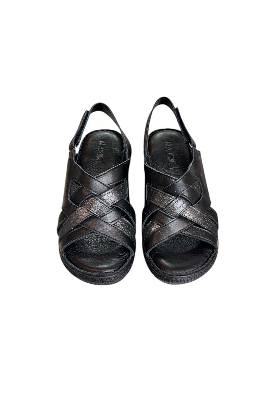 Siyah Hakiki Deri Çapraz Bantlı Puf Taban Hafif Comfort Sandalet