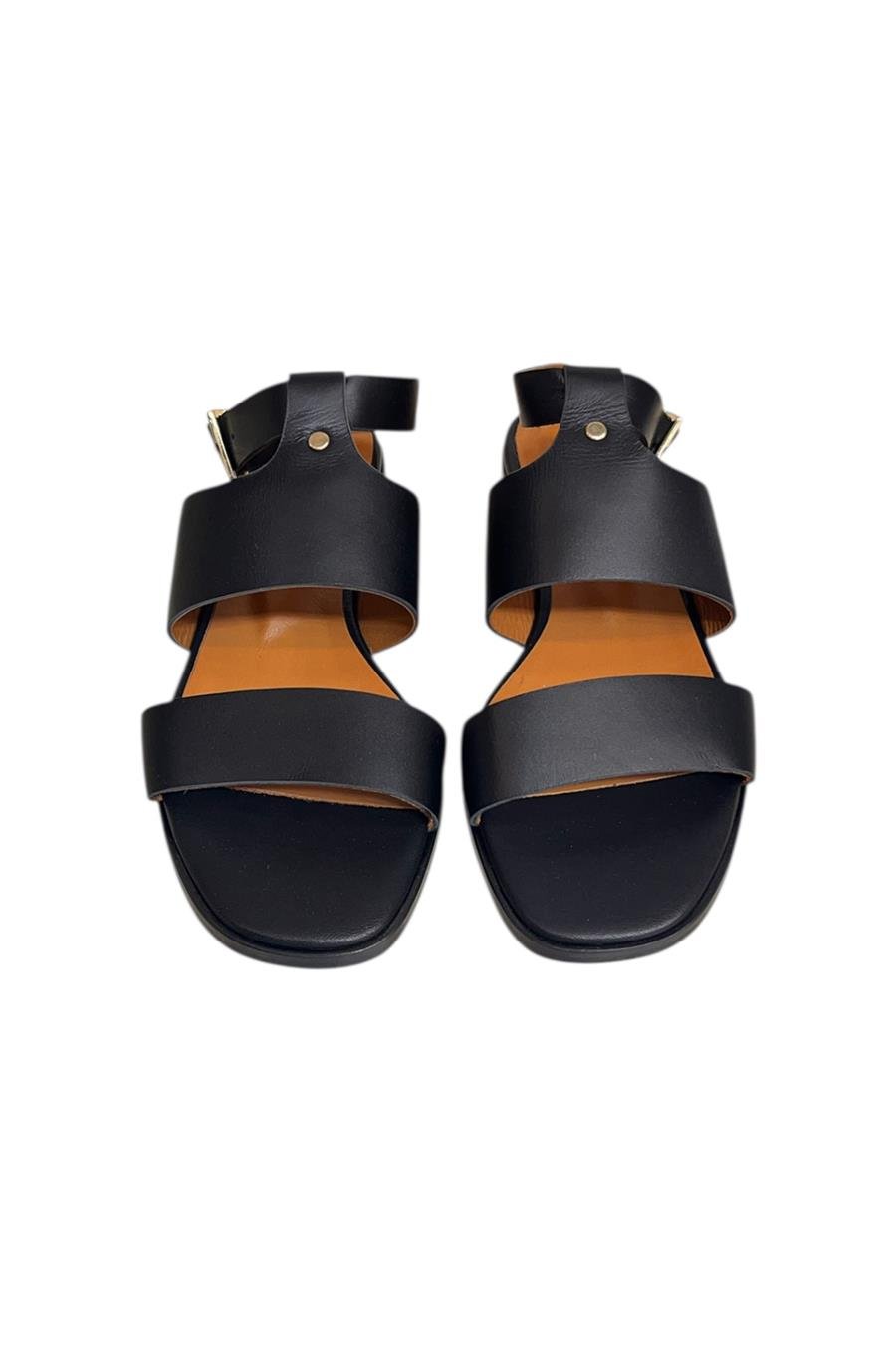 Siyah Hakiki Deri Çift Bant Bilekten Bağlı Bodrum Tarzı Sandalet 