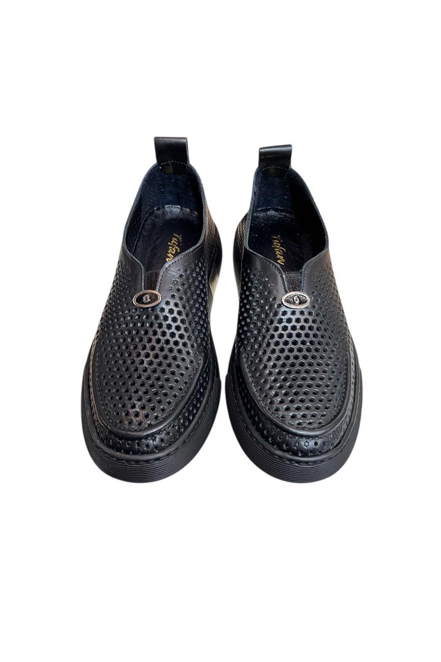 Siyah Hakiki Deri Delikli Hafif Comfort Taban Sneaker