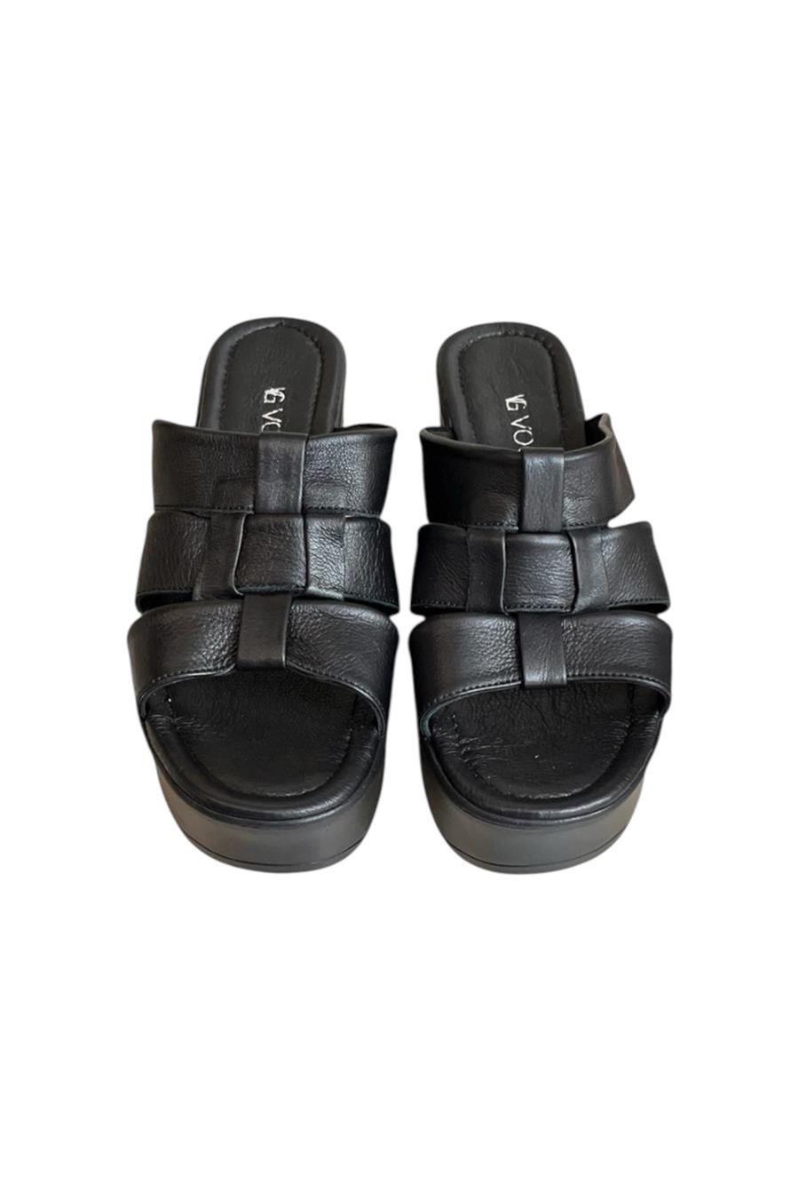 Siyah Hakiki Deri Dolgu Topuk Yumuşak Taban Terlik 