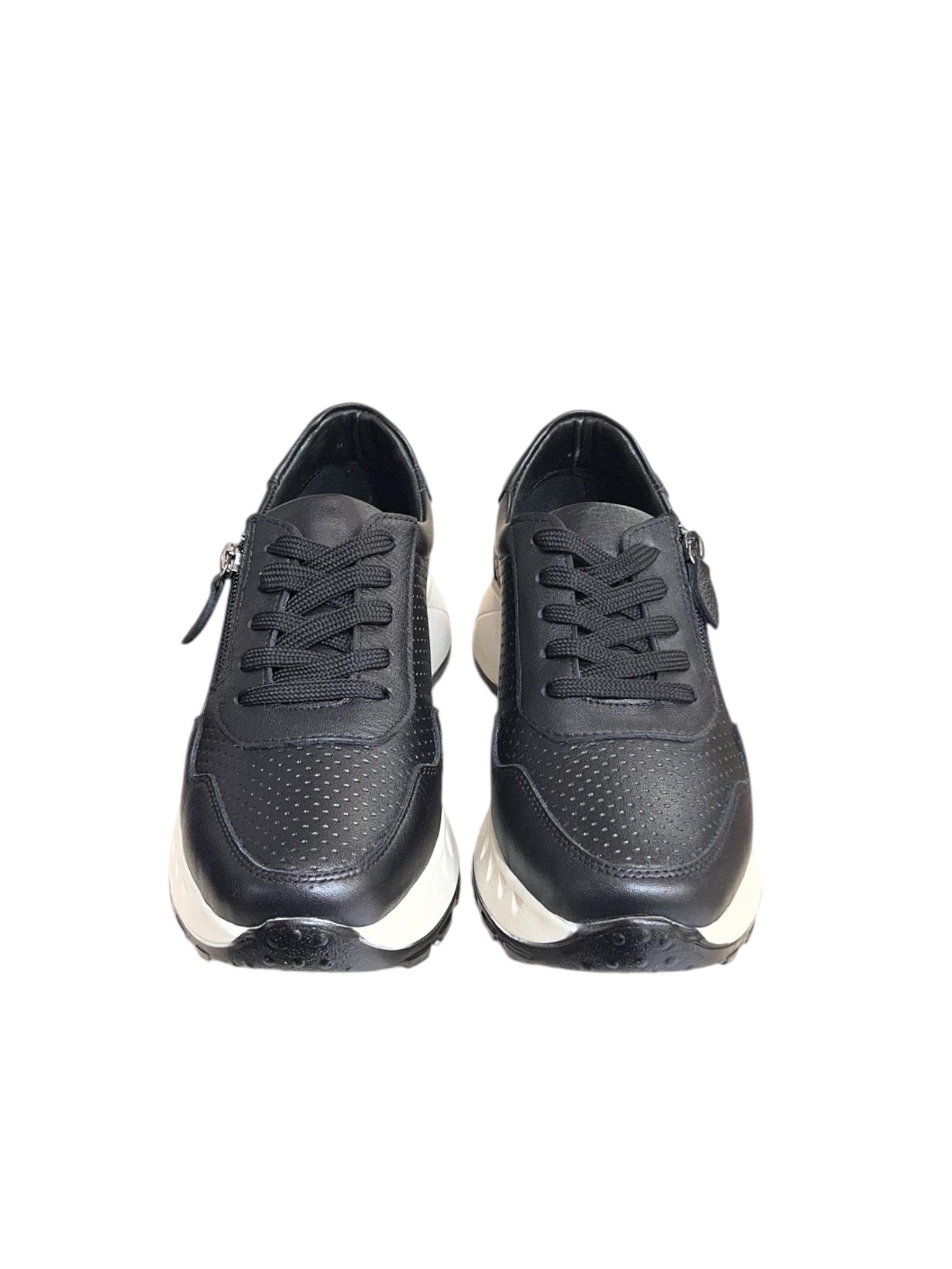 Siyah Hakiki Deri  Fermuar Detay Bağcıklı Comfort Sneaker
