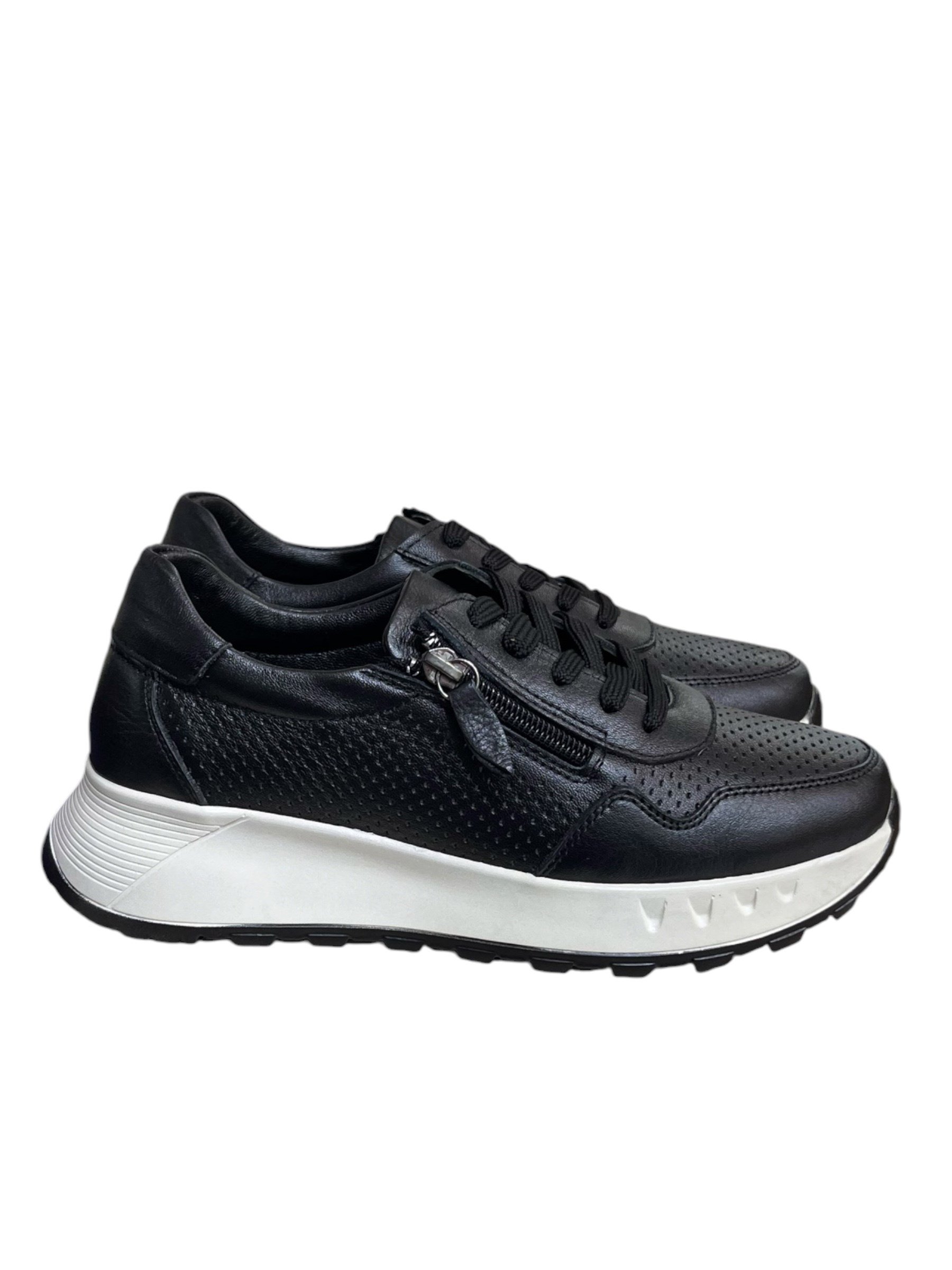 Siyah Hakiki Deri  Fermuar Detay Bağcıklı Comfort Sneaker