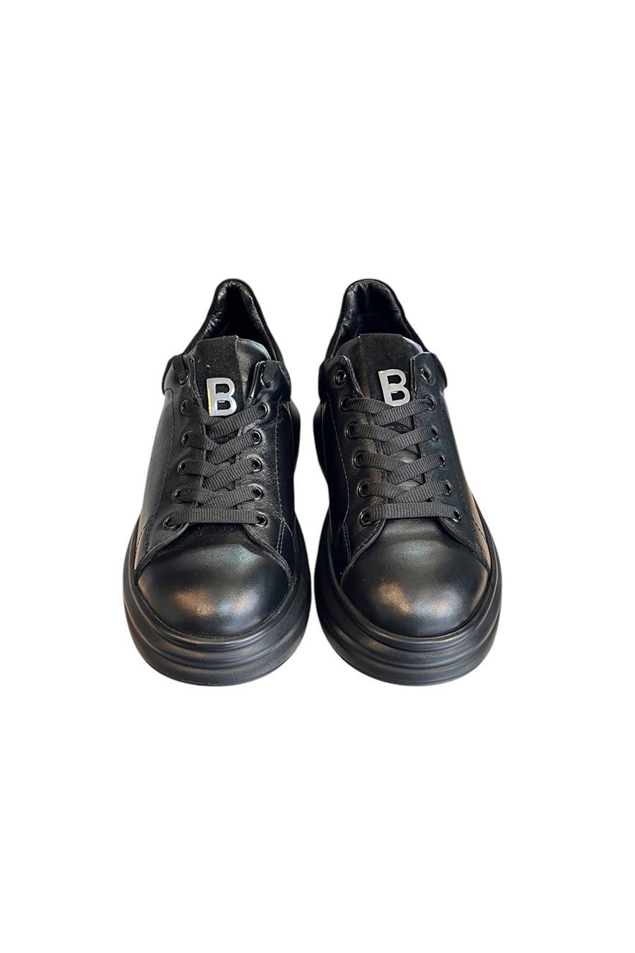 Siyah Hakiki Deri Kalın Taban Bağcıklı Sneaker