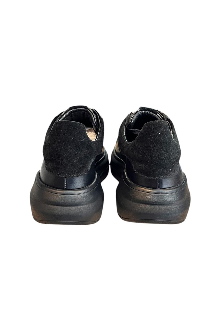 Siyah Hakiki Deri Kalın Taban Bağcıklı Sneaker