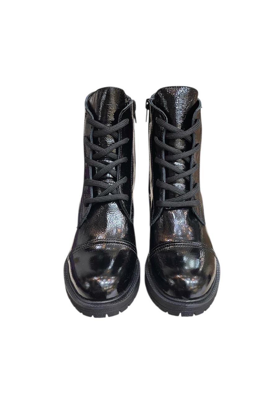 Siyah Hakiki Deri Rugan  Bağcık Detay  Yandan Fermuarlı Kalın Topuk Bot