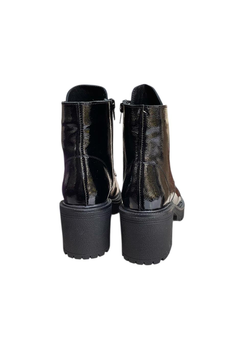 Siyah Hakiki Deri Rugan  Bağcık Detay  Yandan Fermuarlı Kalın Topuk Bot