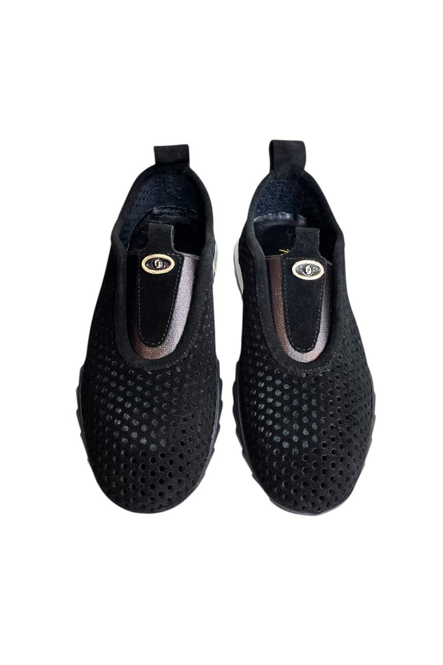 Siyah Hakiki Deri Süet Delikli Comfort Taban Spor Ayakkabı