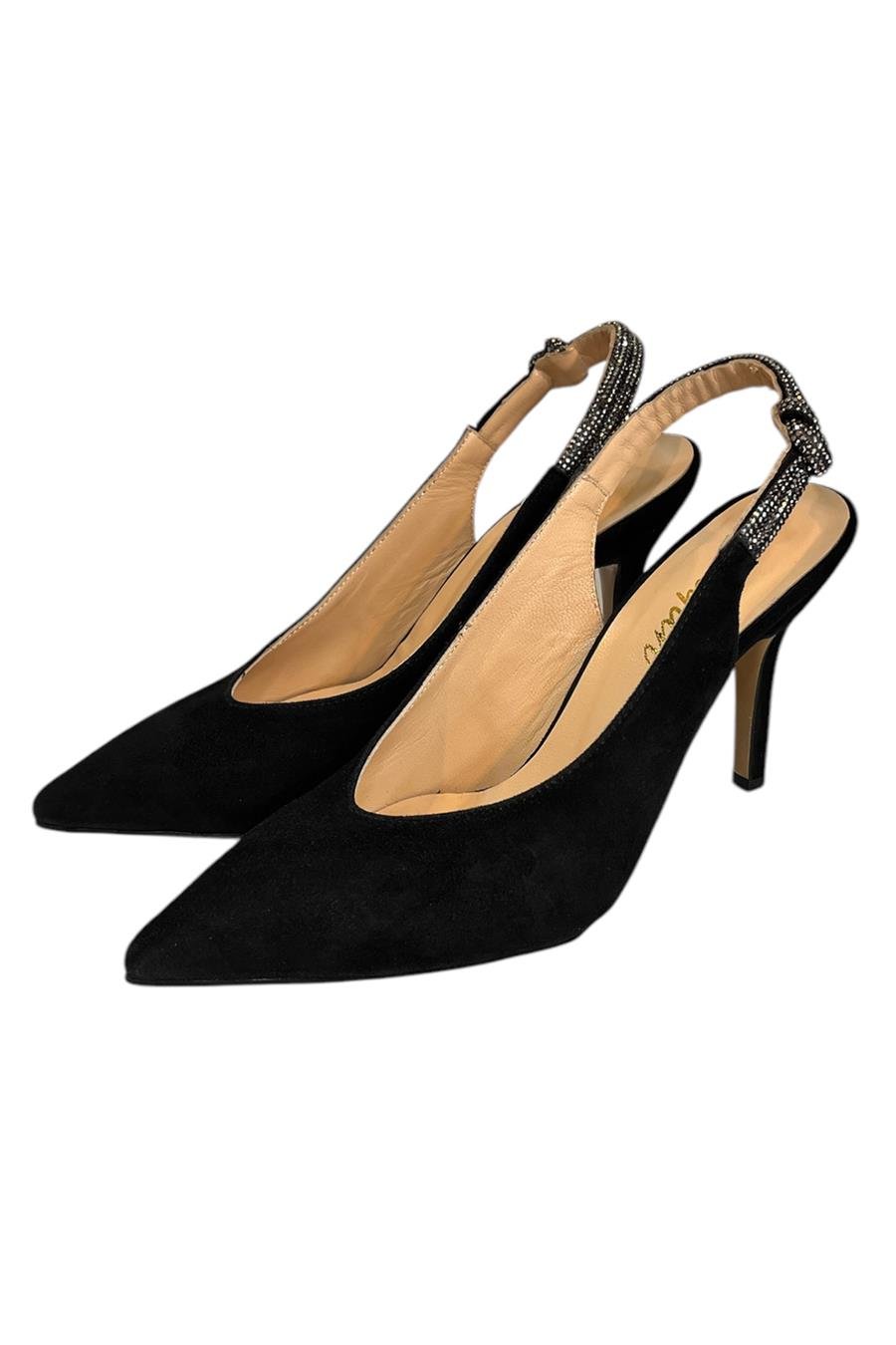 Siyah Hakiki Deri Süet Kristal Taş Bantlı Arkası Açık Topuklu Ayakkabı