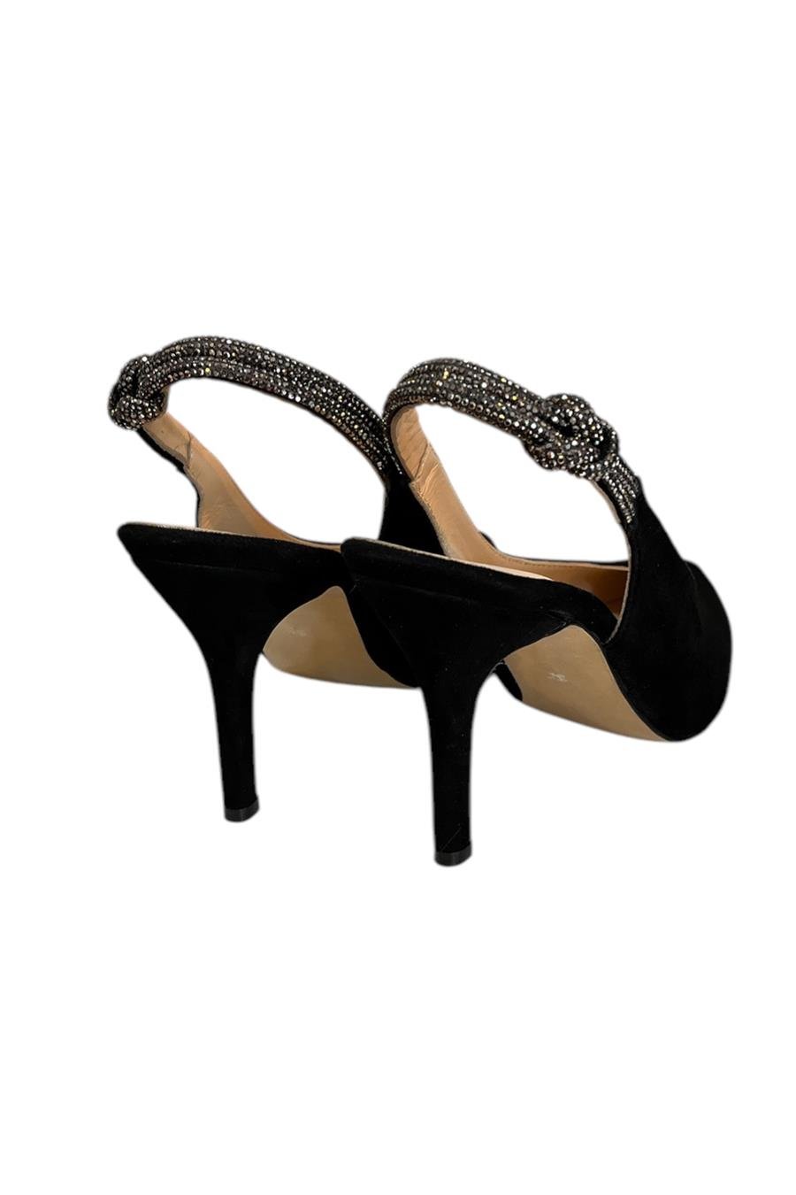 Siyah Hakiki Deri Süet Kristal Taş Bantlı Arkası Açık Topuklu Ayakkabı