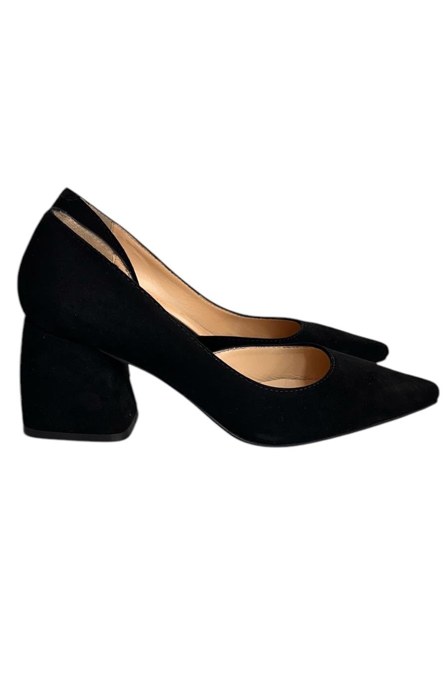Siyah Hakiki Deri Süet  Mabeyn Topuklu Ayakkabı