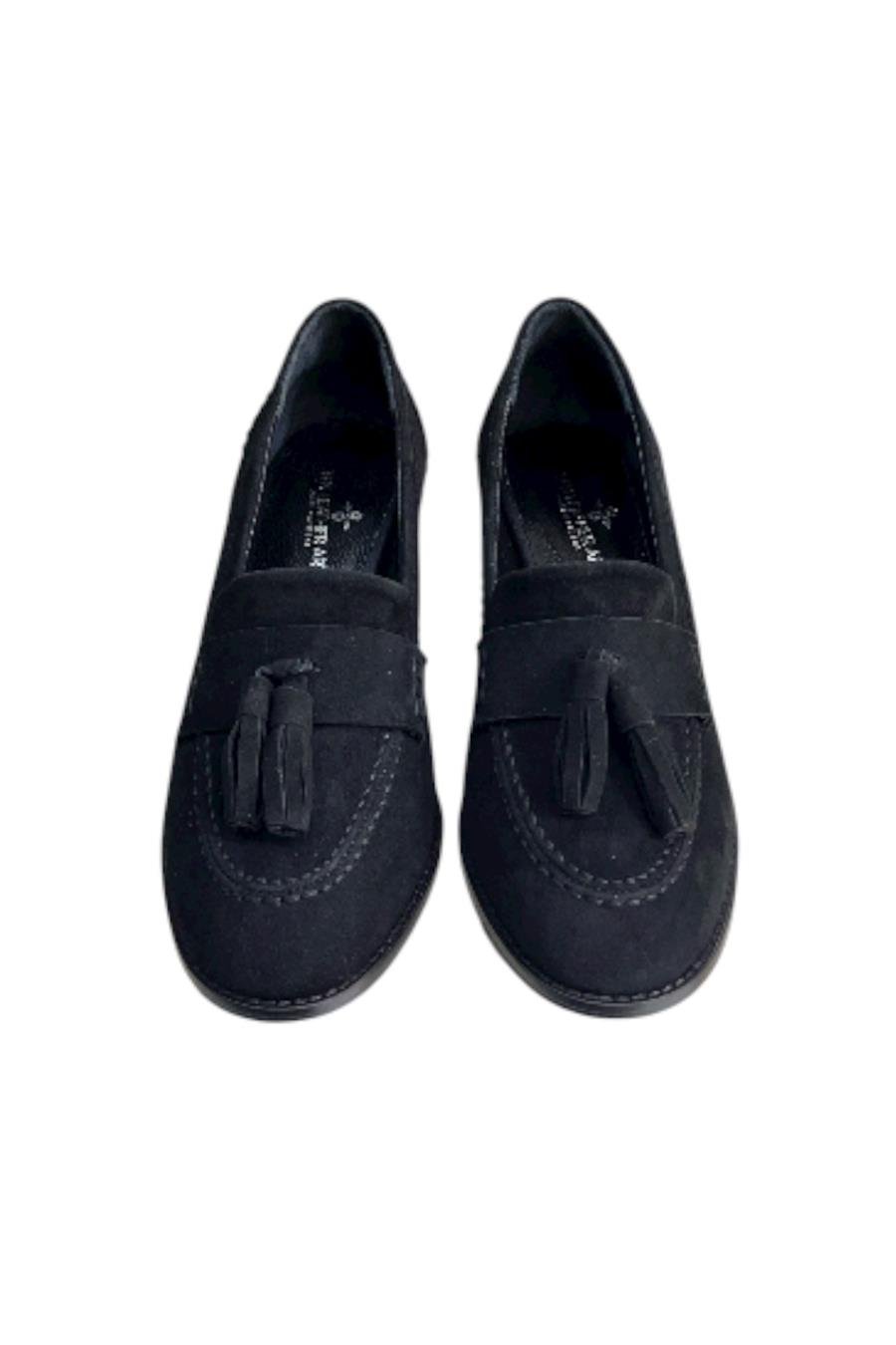 Siyah Hakiki Deri Süet Püskül Detay Topuklu Ayakkabı