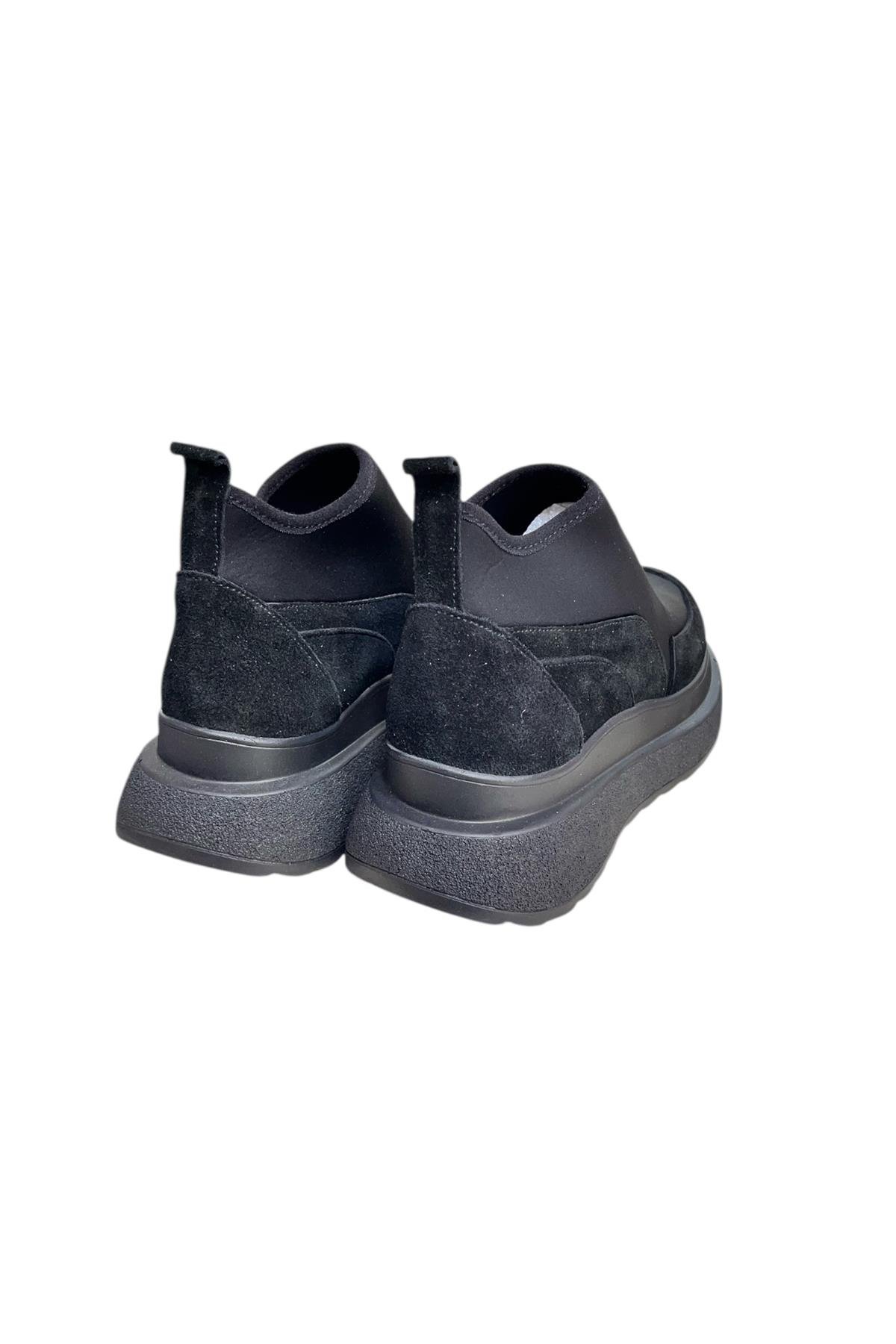 Siyah Hakiki Deri Süet Strech Yüzlü Bilekte Sneaker