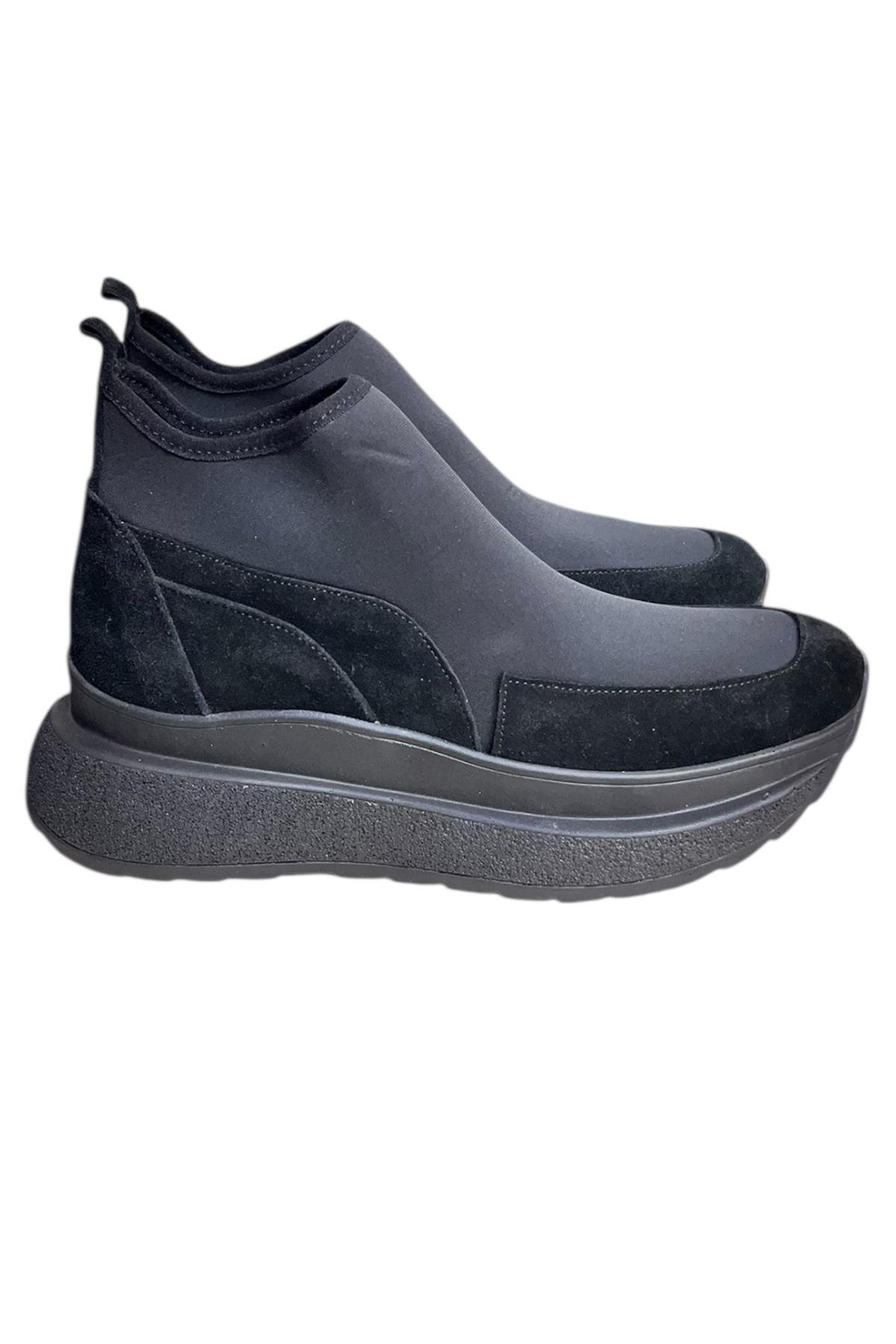 Siyah Hakiki Deri Süet Strech Yüzlü Bilekte Sneaker