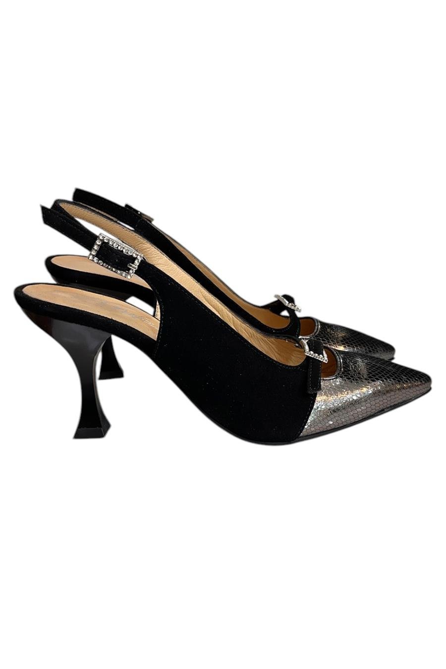 Siyah Hakiki Deri Süet Toka Detay Arkası Açık Topuklu Ayakkabı