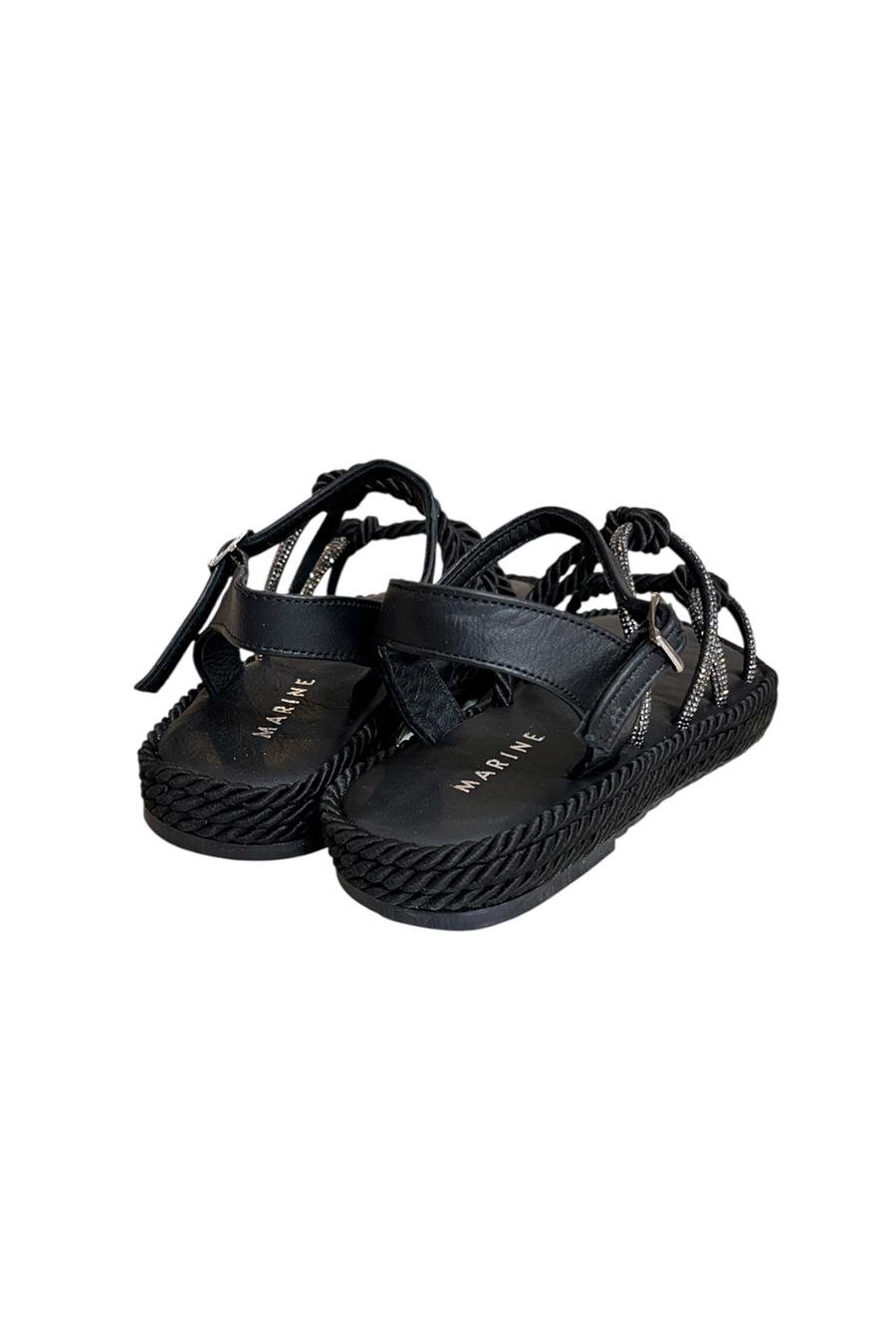 Siyah Hakiki Deri Taş Detay İpli Comfort Taban Sandalet