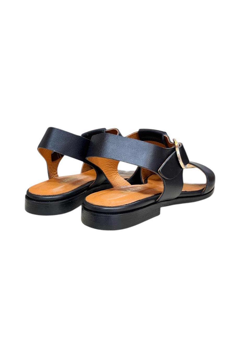 Siyah Hakiki Deri Tek Bant Bilekten Bağlı Bodrum Tarzı Sandalet 