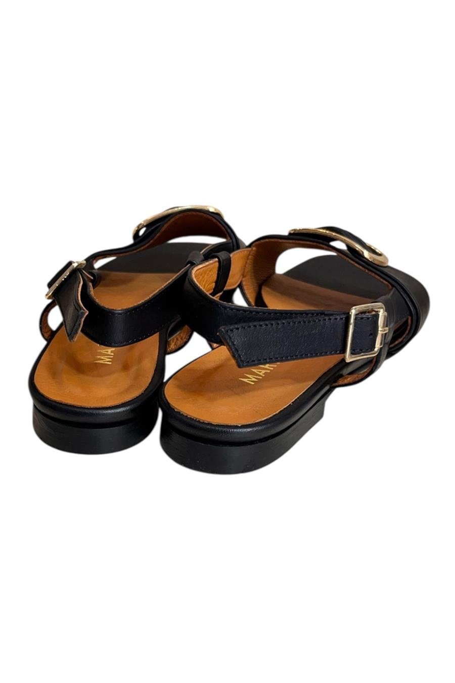 Siyah Hakiki Deri Tek Bant Toka Detay Sandalet