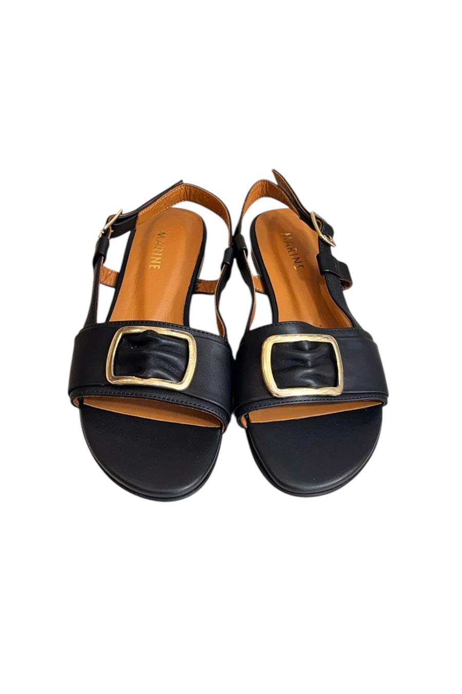 Siyah Hakiki Deri Tek Bant Toka Detay Sandalet