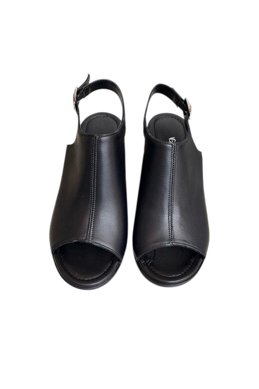 Siyah Hakiki Deri Tek Yüz  Comfort Taban Topuklu Sandalet
