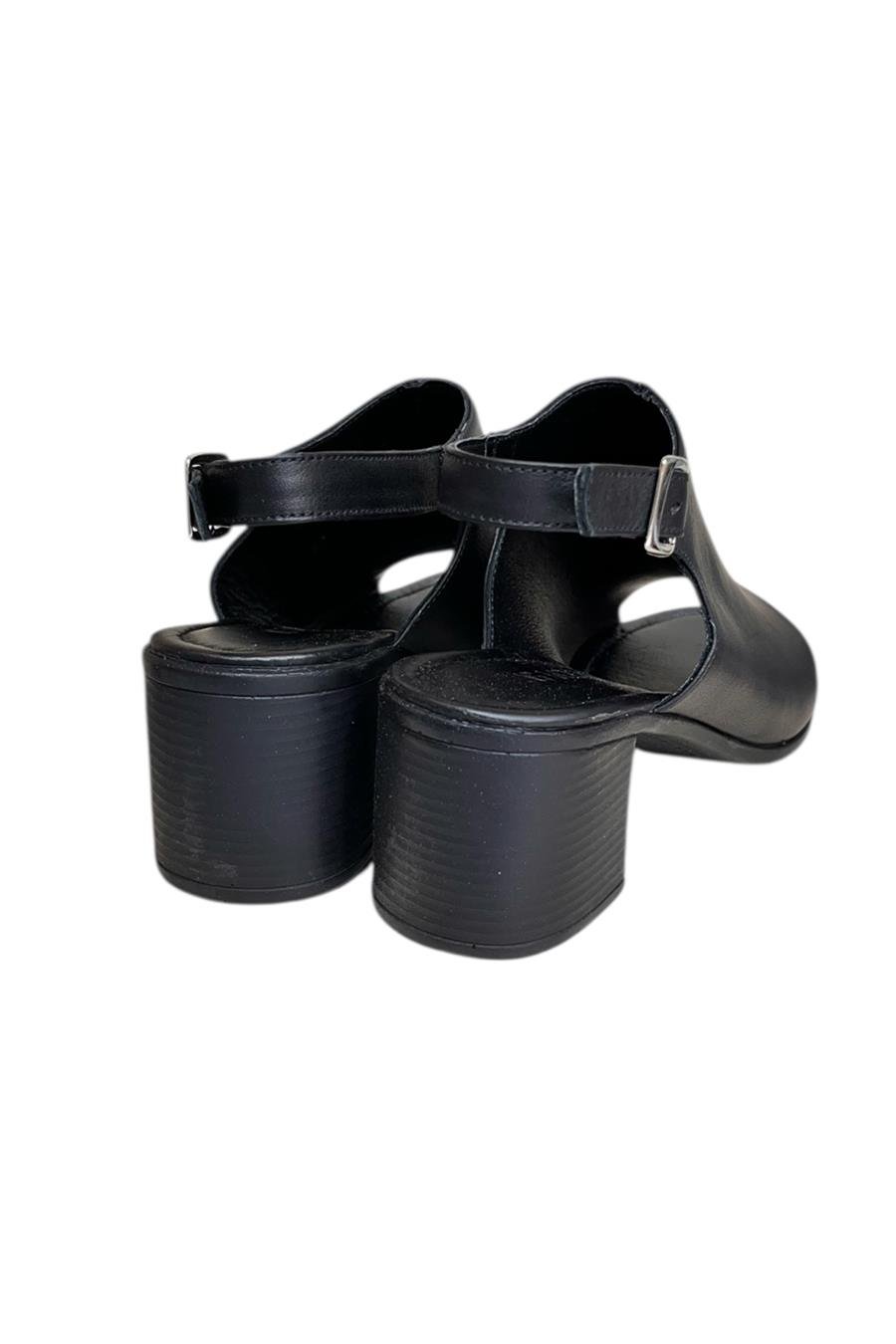 Siyah Hakiki Deri Tek Yüz  Comfort Taban Topuklu Sandalet