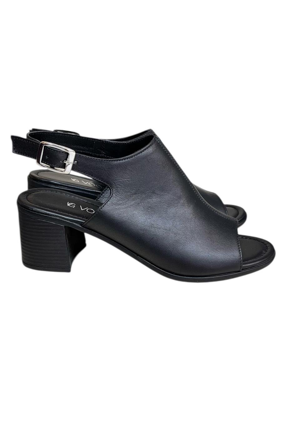 Siyah Hakiki Deri Tek Yüz  Comfort Taban Topuklu Sandalet