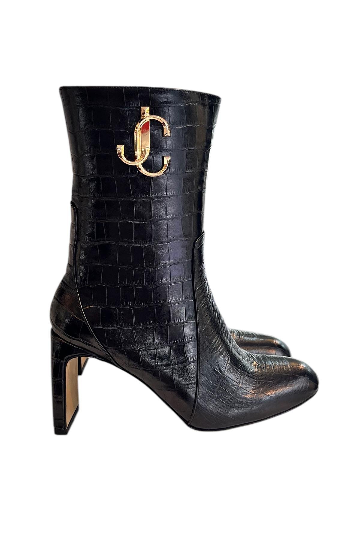 Siyah Hakiki Krokodil Deri Topuklu Bot