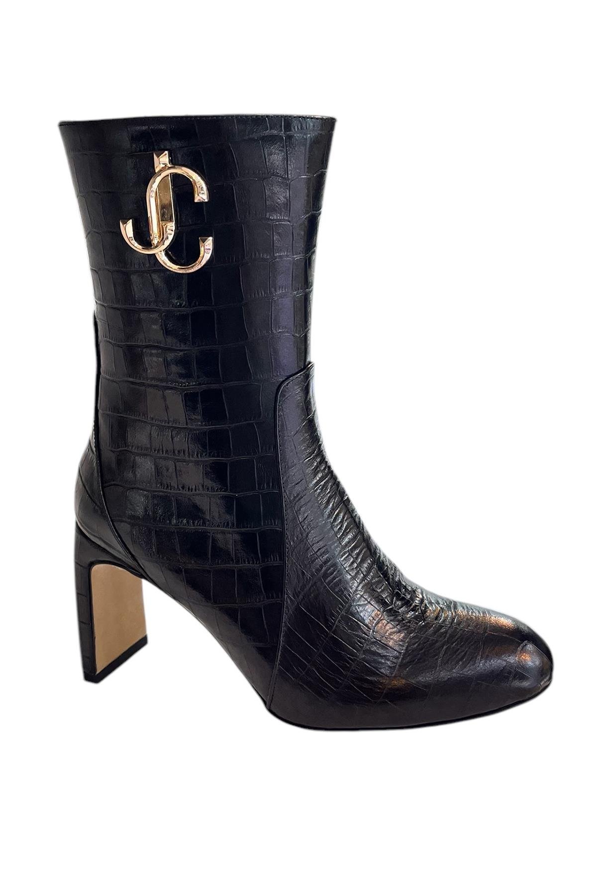 Siyah Hakiki Krokodil Deri Topuklu Bot