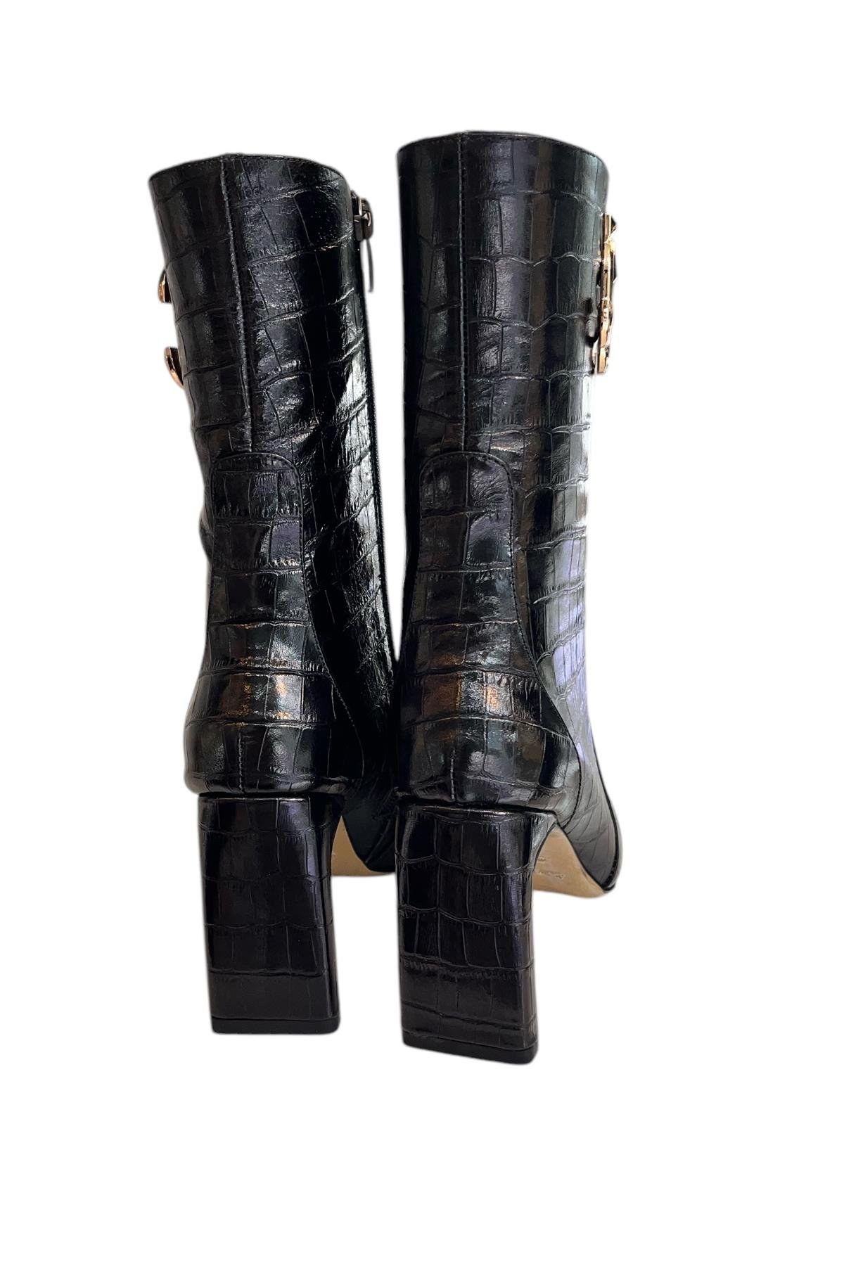 Siyah Hakiki Krokodil Deri Topuklu Bot