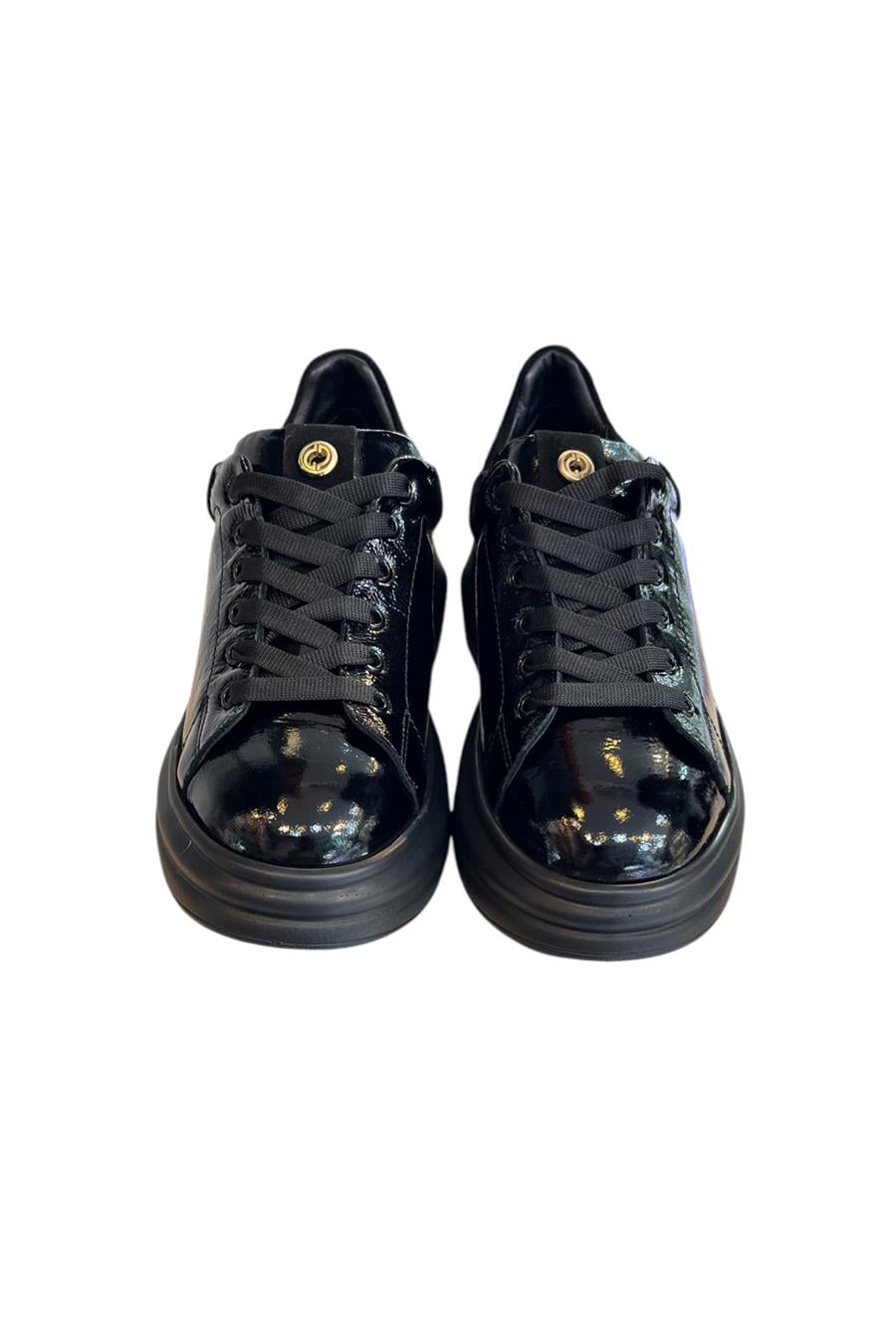 Siyah Hakiki Rugan Deri Kalın Taban Bağcıklı Sneaker