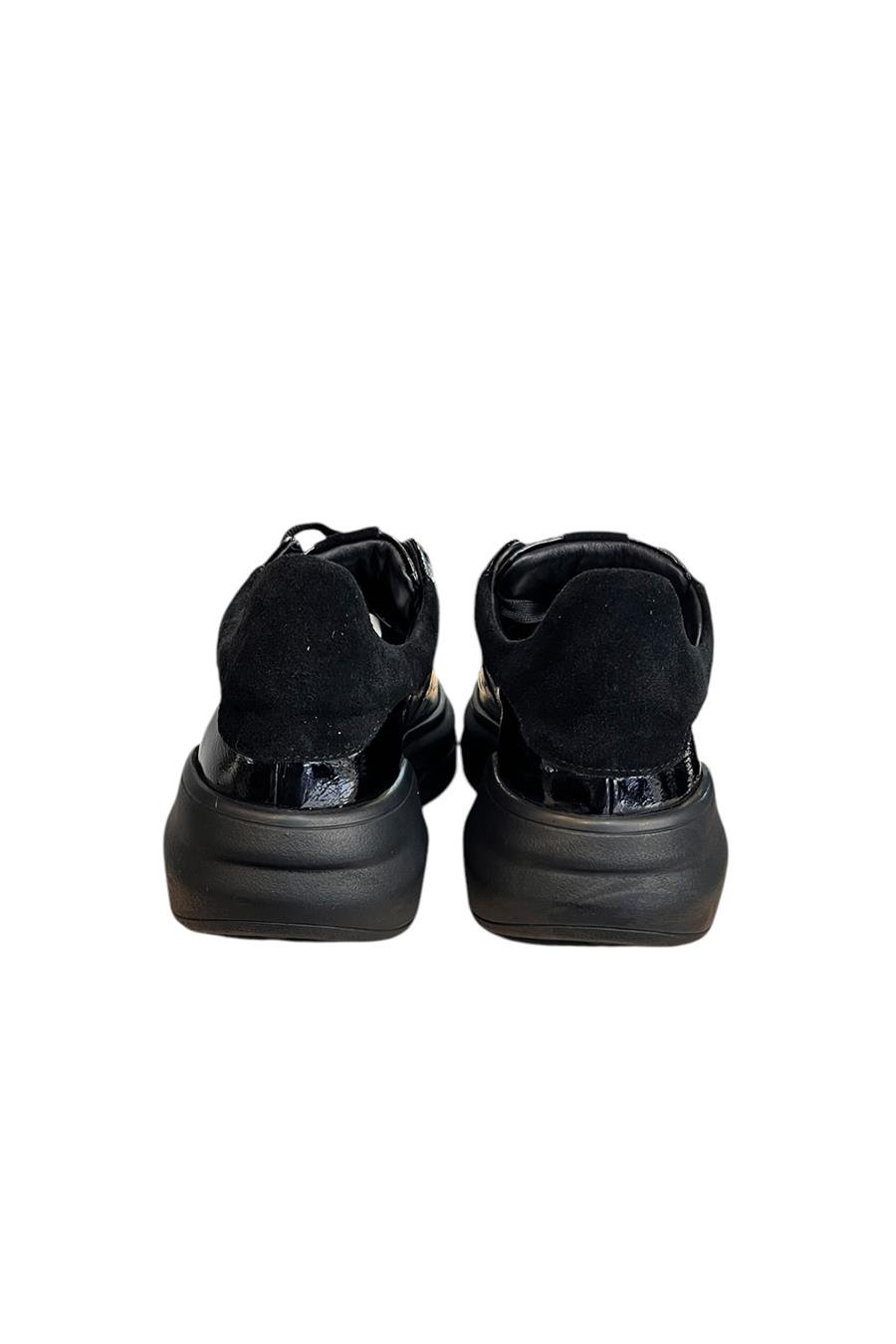 Siyah Hakiki Rugan Deri Kalın Taban Bağcıklı Sneaker