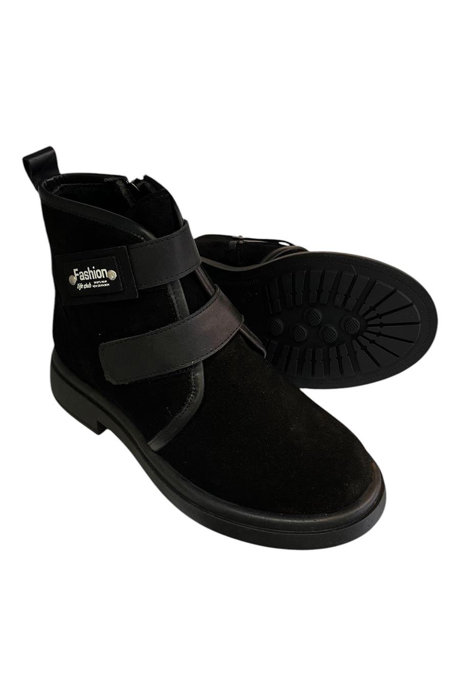 Siyah Hakiki Süet Deri Çift Cırt Bantlı Bot