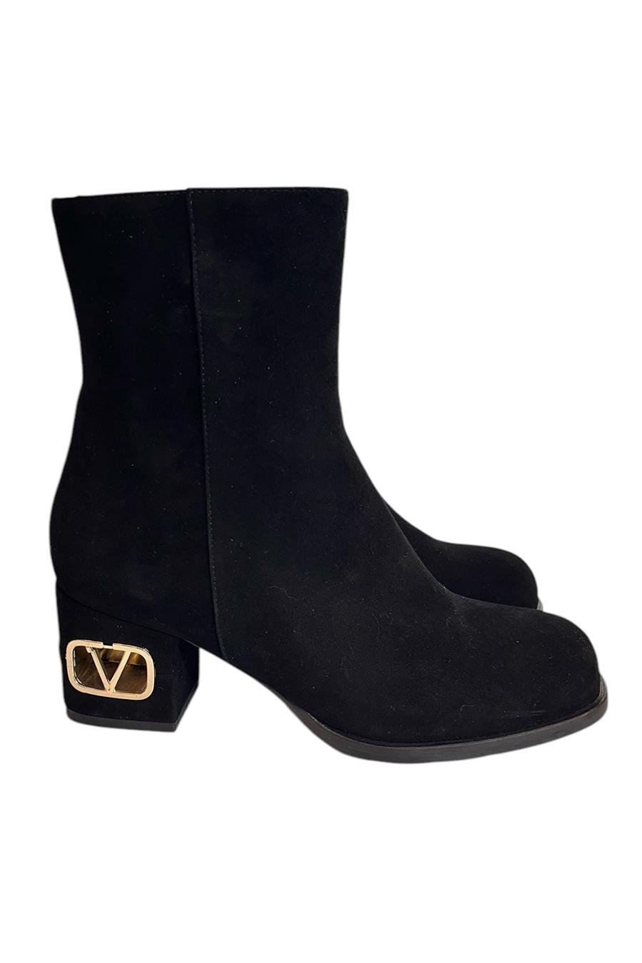 Siyah Hakiki Süet Deri İçi Sıcak Astar Topuklu Bot