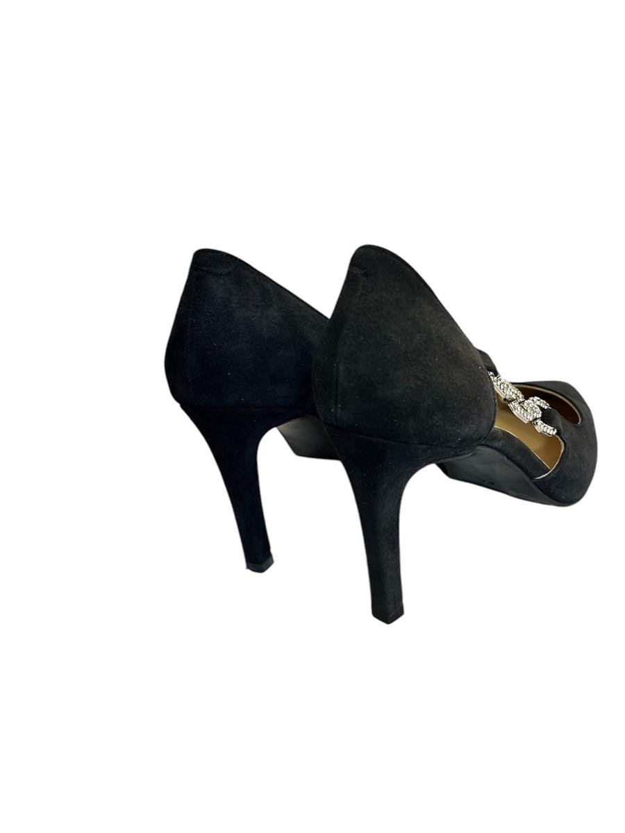 Siyah Hakiki Süet Deri Taşlı Zincir Detay Topuklu Ayakkabı