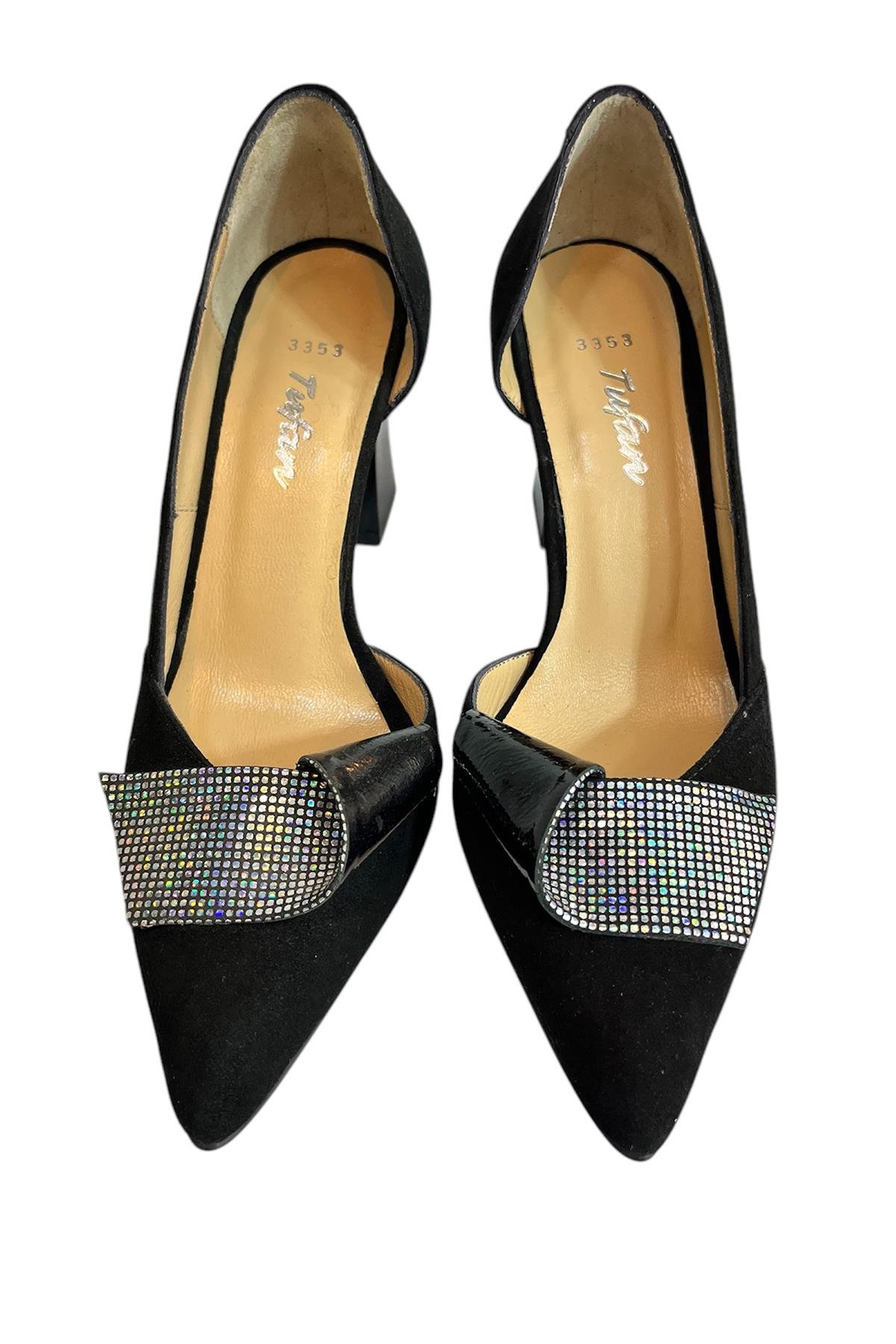 Siyah Hakiki Süet Deri Topuklu Ayakkabı