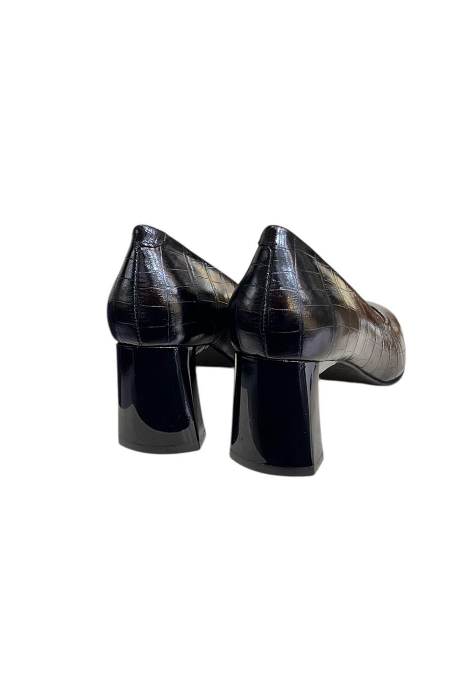 Siyah Krokodil Hakiki Deri Topuklu Ayakkabı