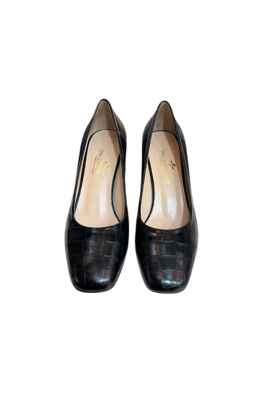 Siyah Krokodil Hakiki Deri Topuklu Ayakkabı