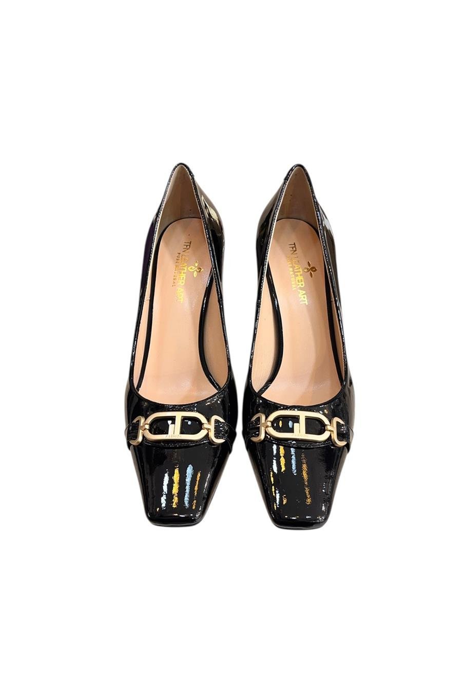 Siyah Rugan Hakiki Deri Toka Detay Topuklu Ayakkabı