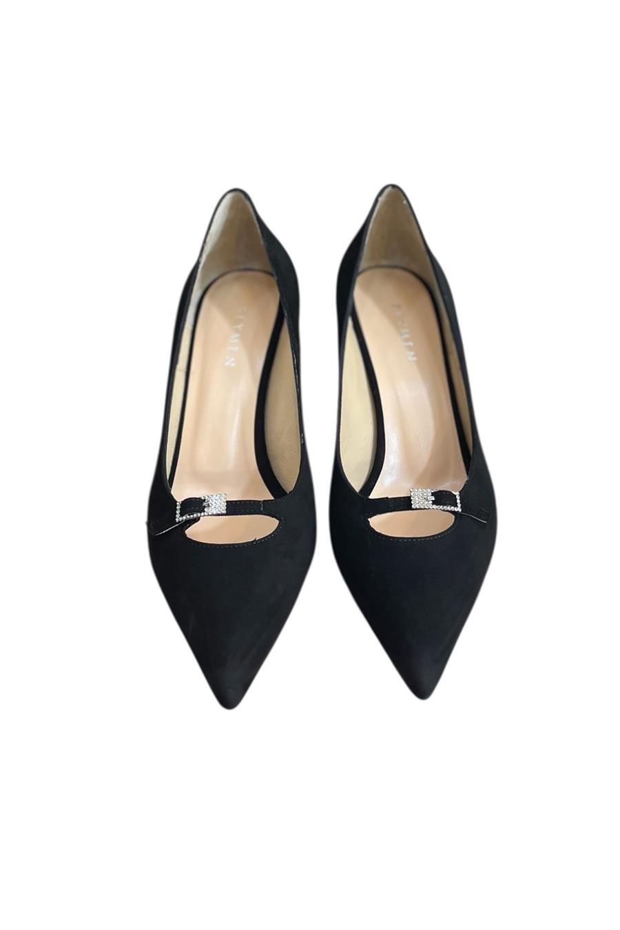 Siyah Süet Hakiki Deri Toka Detay Topuklu Ayakkabı