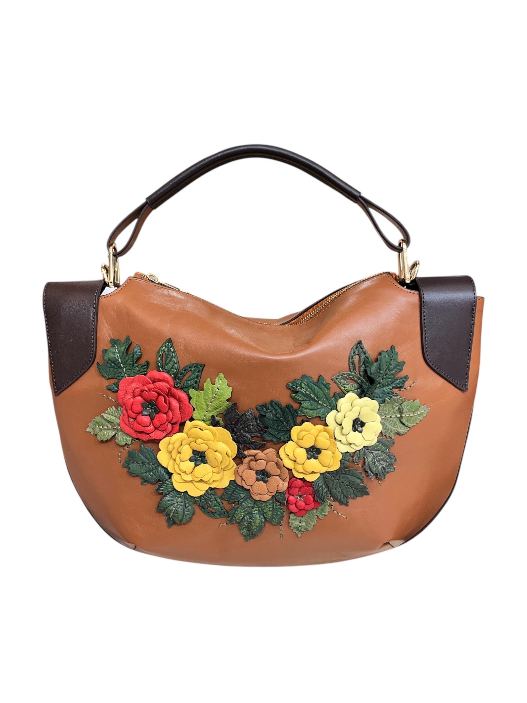 Taba  Hakiki Deri Çiçek Motifli El Yapımı Omuz ve El Çantası