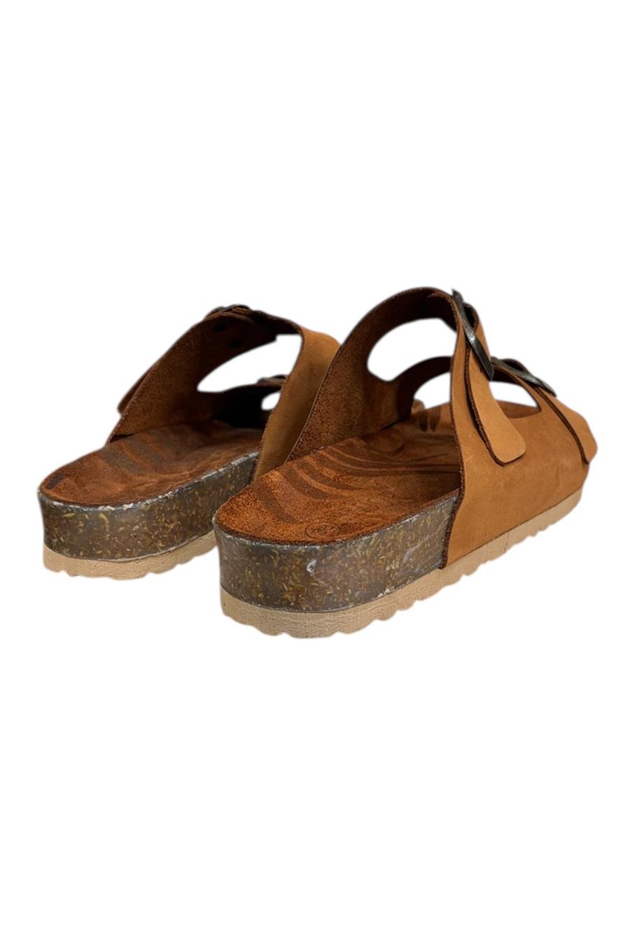 Taba  Hakiki Deri Nubuk Çift Bant Tokalı Mantar Taban Terlik