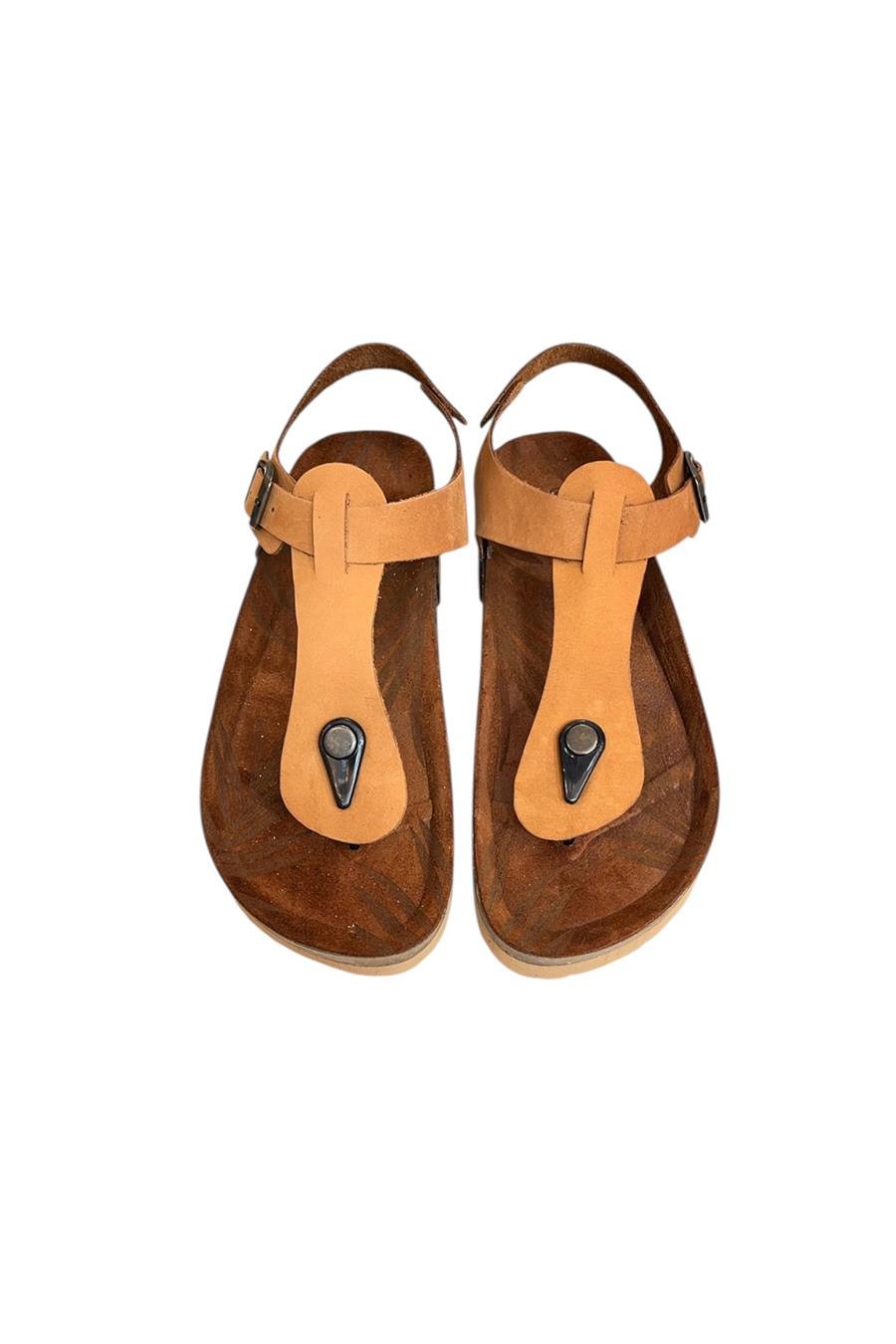 Taba Hakiki Deri Parmak Arası Mantar Taban Tokalı Sandalet 