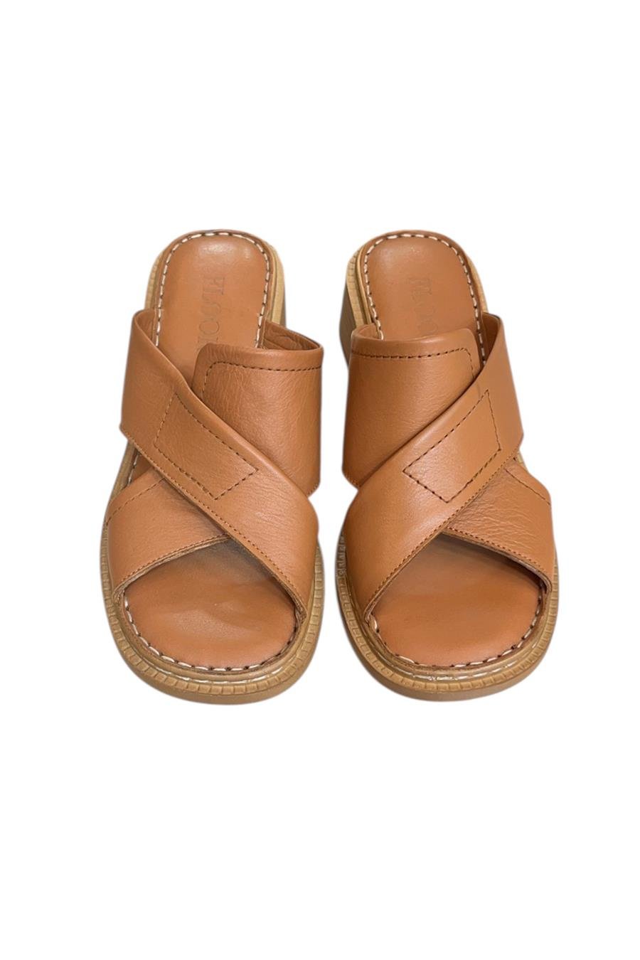 Taba Hakiki Deri Puf Taban Çapraz Bantlı Terlik 