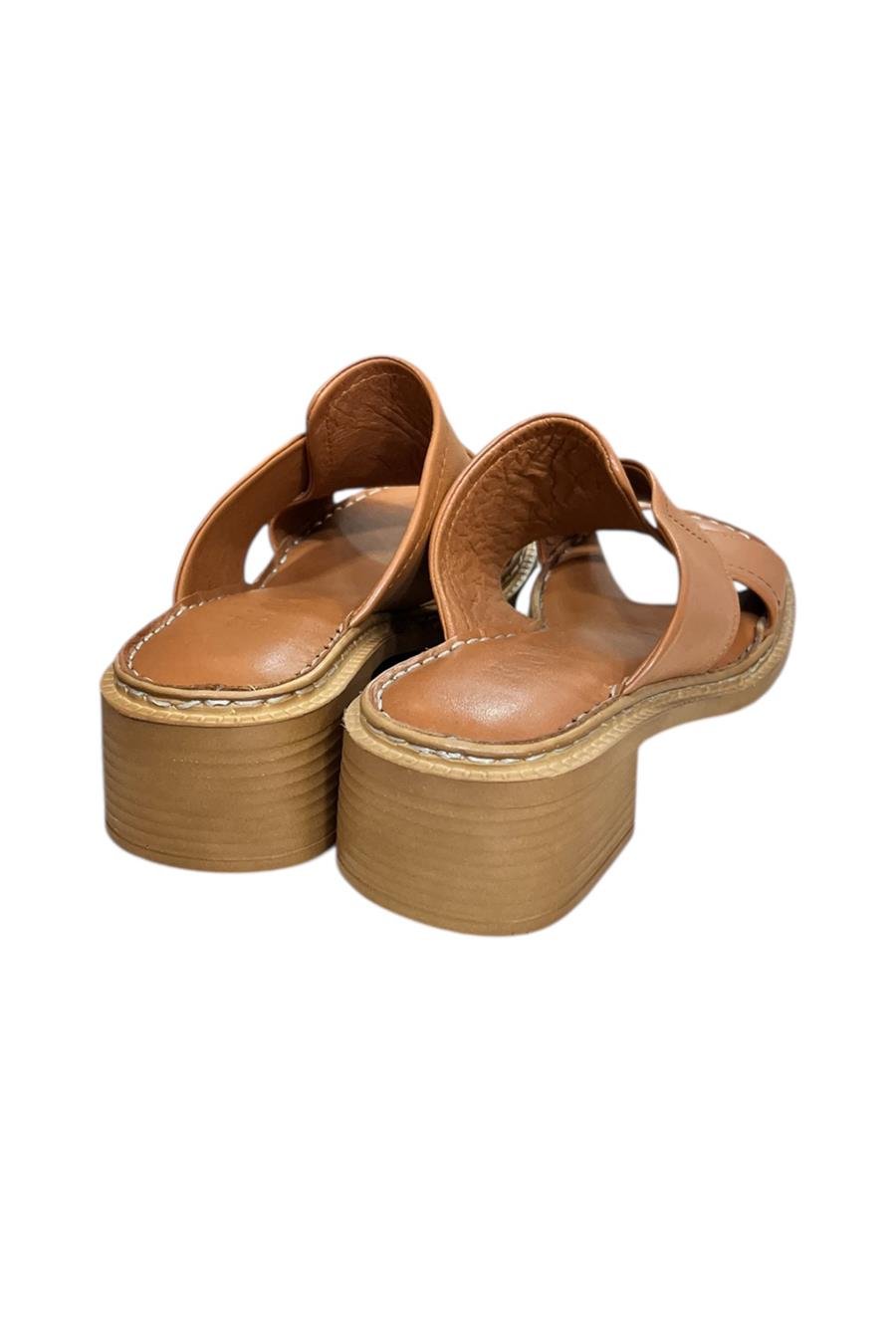 Taba Hakiki Deri Puf Taban Çapraz Bantlı Terlik 