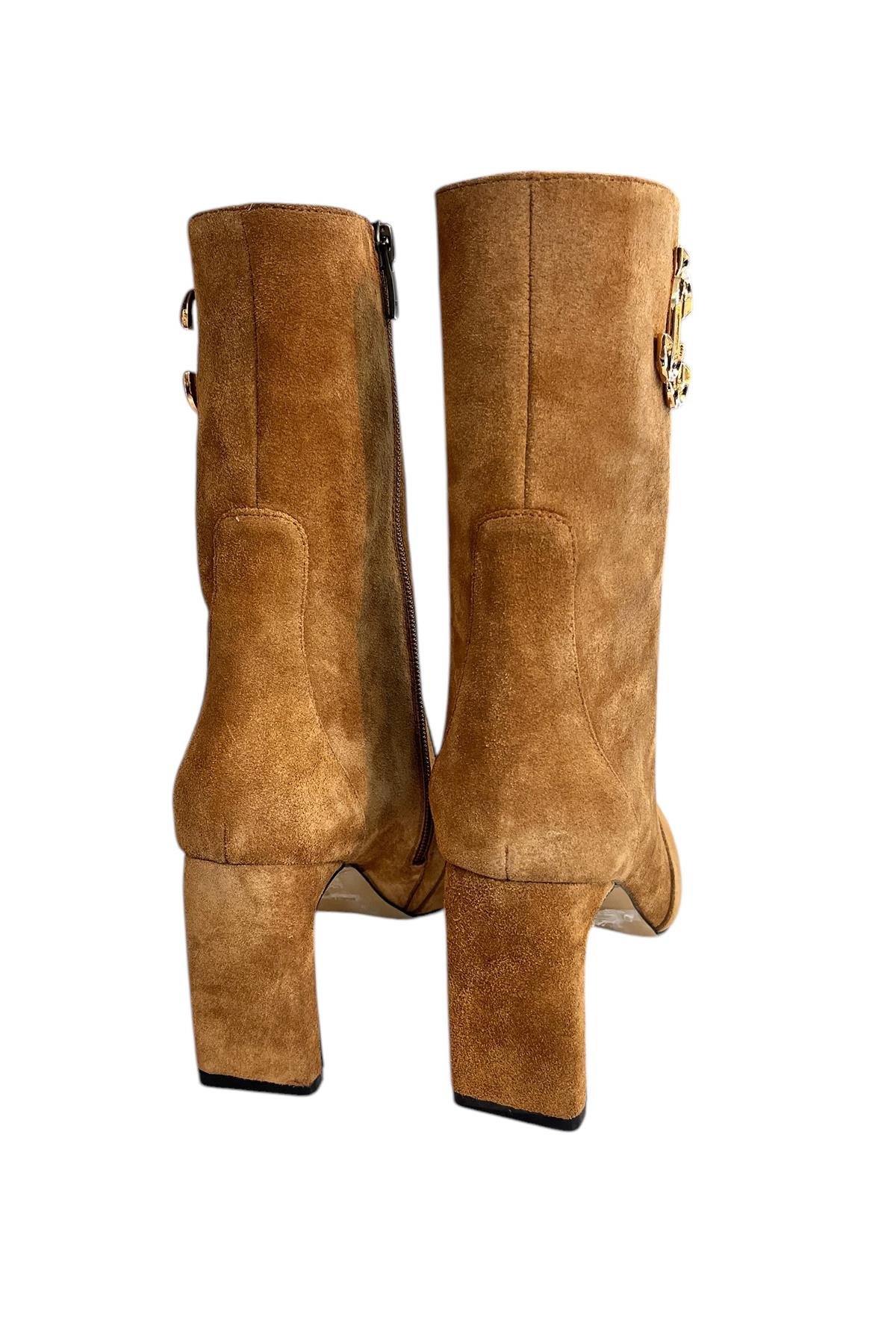 Taba Hakiki Süet Deri Topuklu Bot