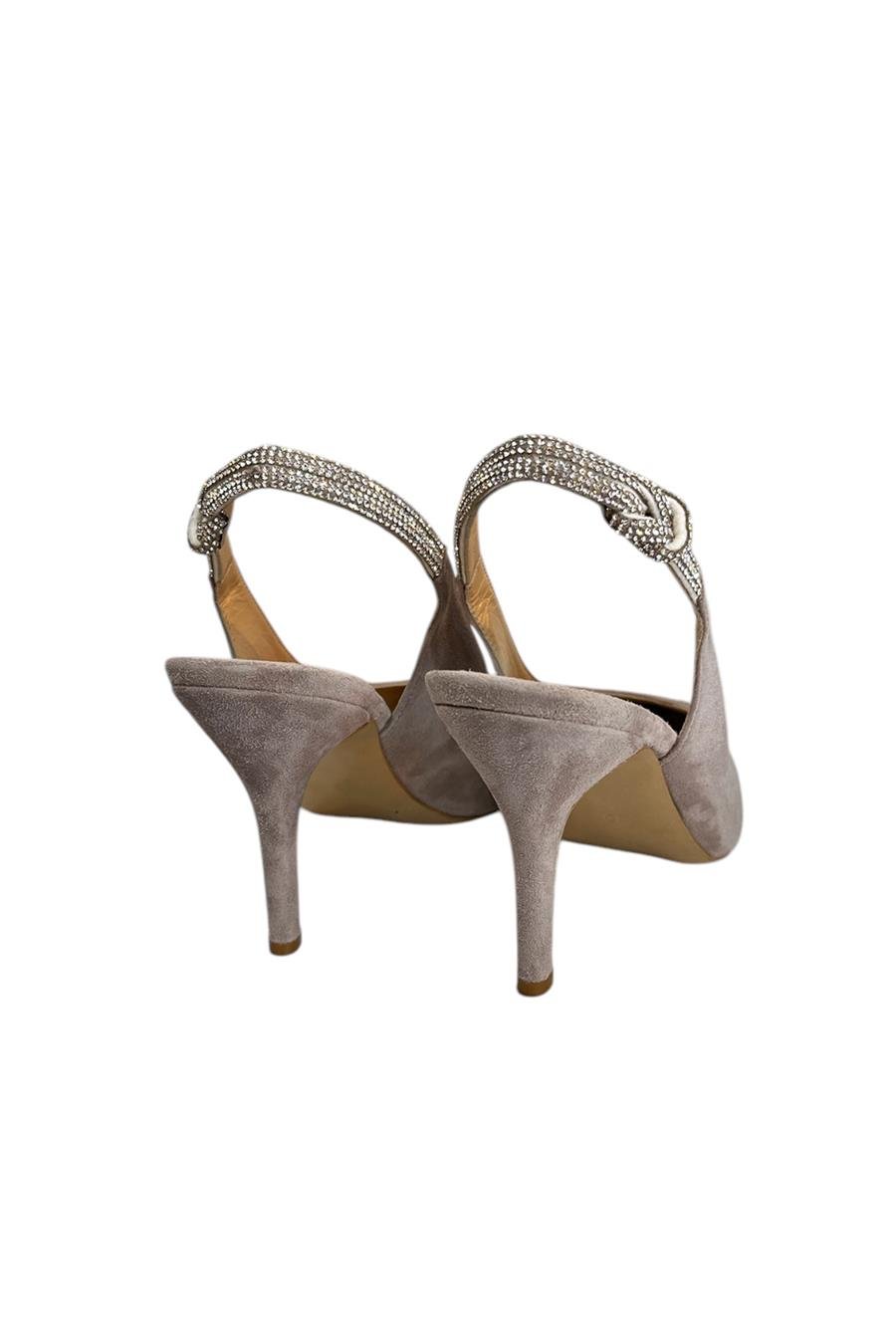 Ten Hakiki Deri Süet Kristal Taş Bantlı Arkası Açık Topuklu Ayakkabı